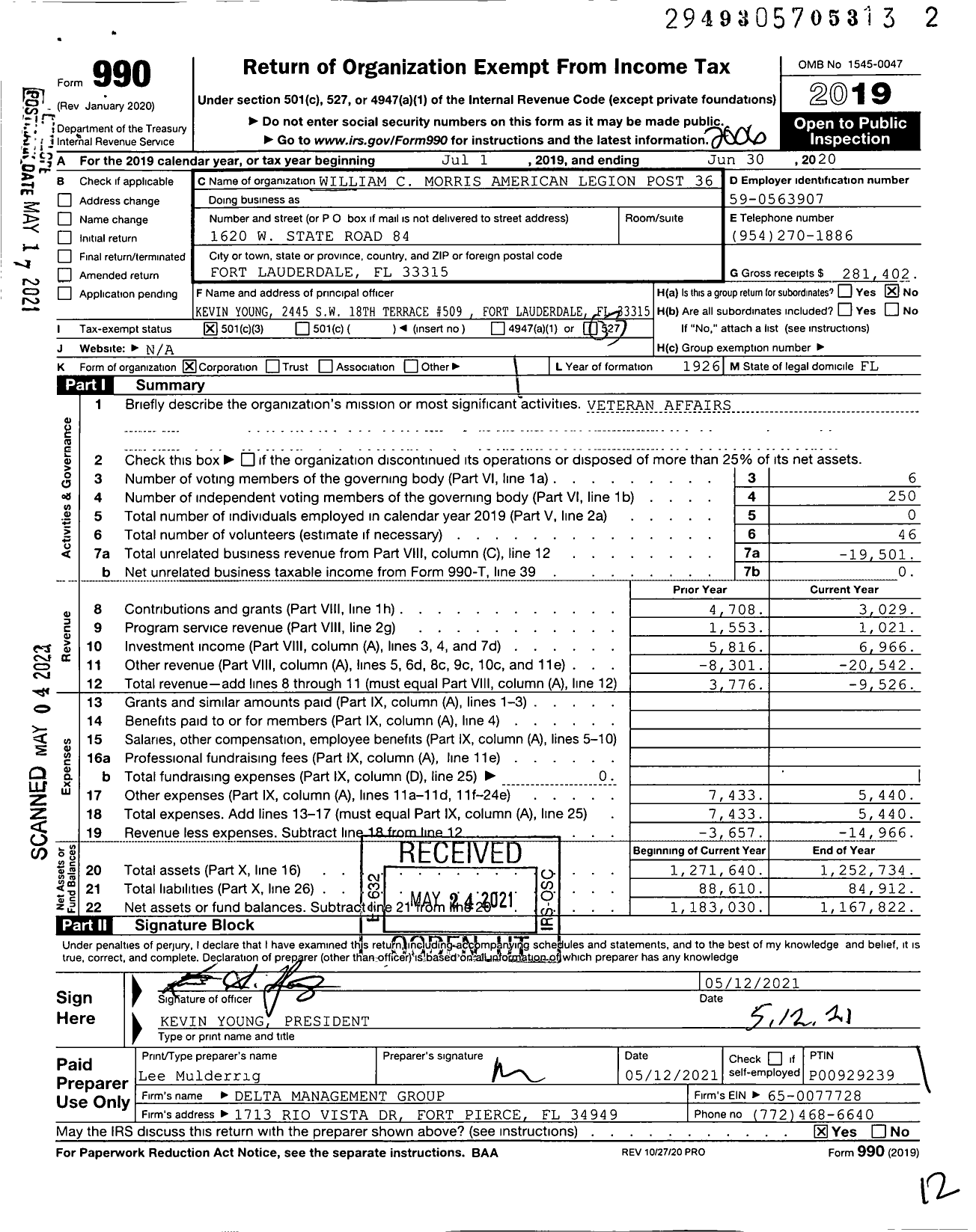 Image of first page of 2019 Form 990 for American Legion - 36 William C Morris FL Post