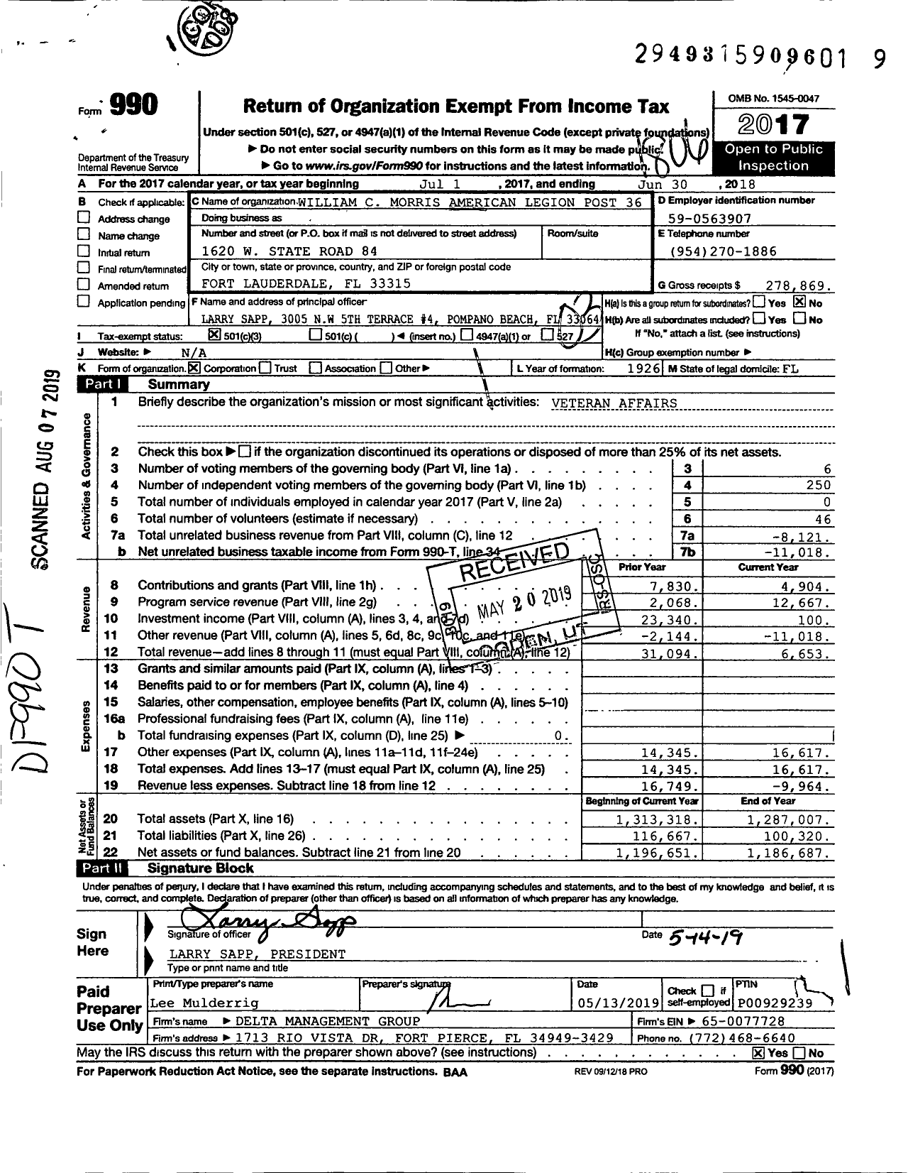 Image of first page of 2017 Form 990 for American Legion - 36 William C Morris FL Post