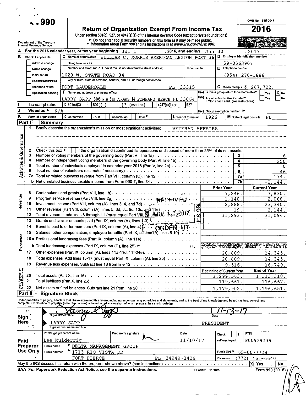 Image of first page of 2016 Form 990 for American Legion - 36 William C Morris FL Post