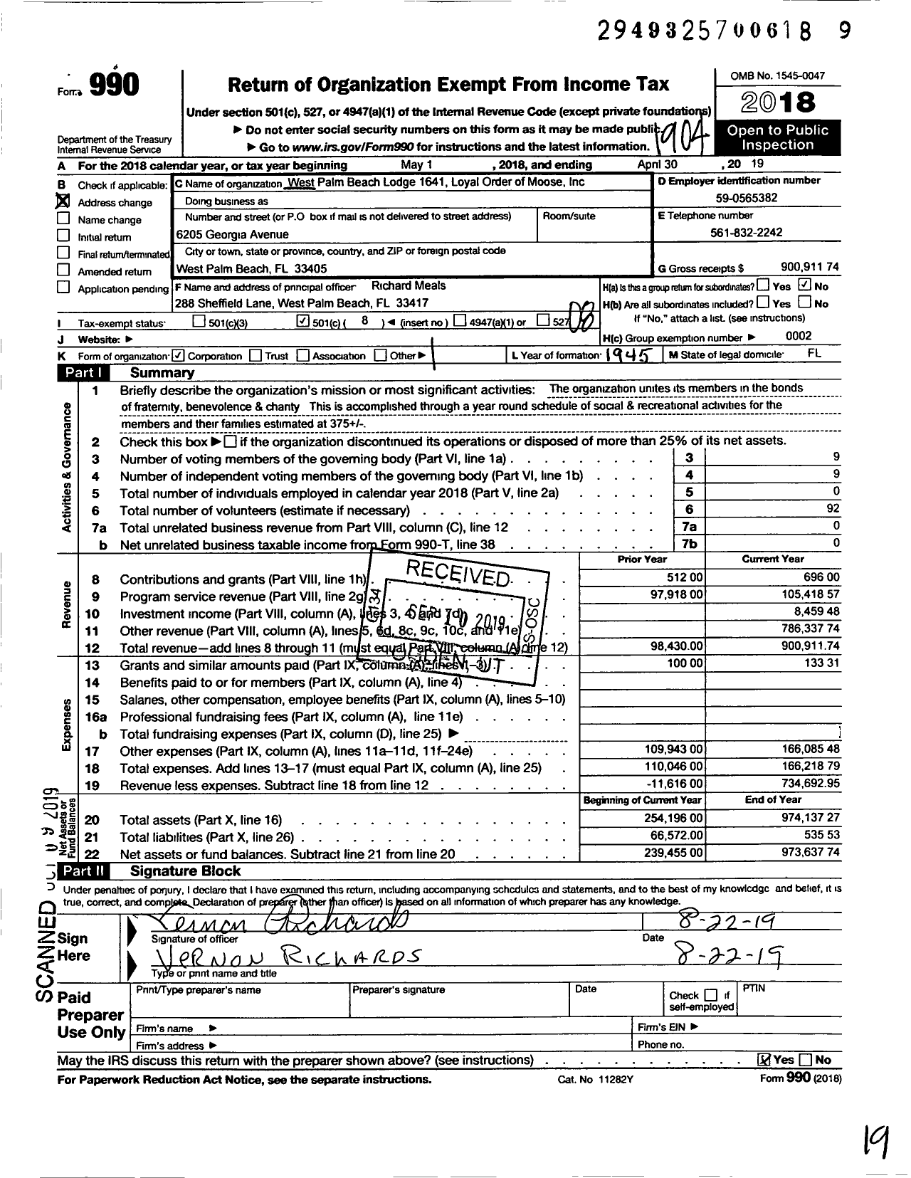 Image of first page of 2018 Form 990O for West Palm Beach Lodge No 1461 Loyal Order of Moose