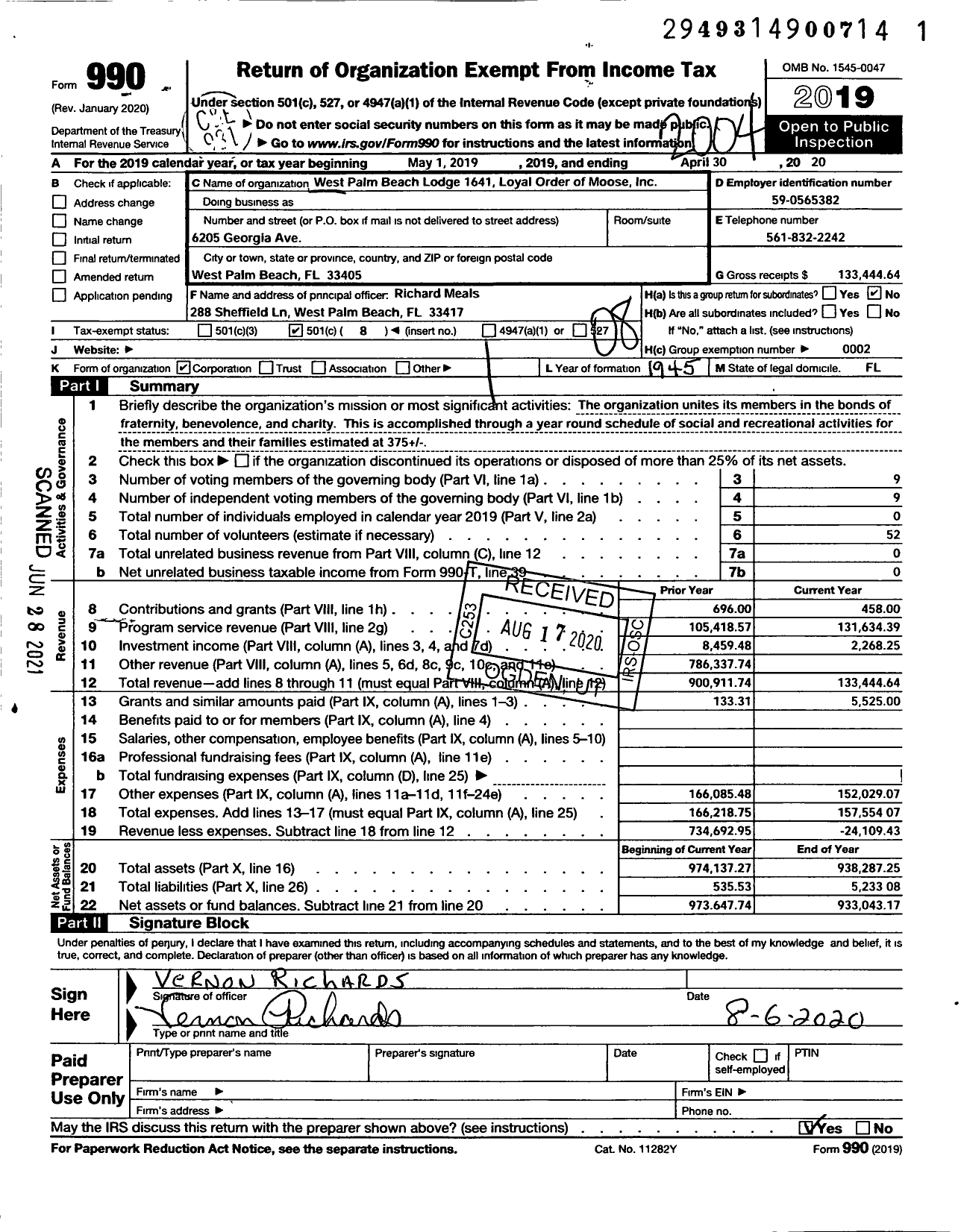 Image of first page of 2019 Form 990O for West Palm Beach Lodge No 1461 Loyal Order of Moose