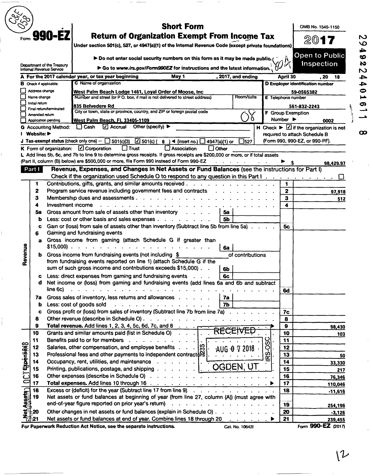 Image of first page of 2017 Form 990EO for West Palm Beach Lodge No 1461 Loyal Order of Moose