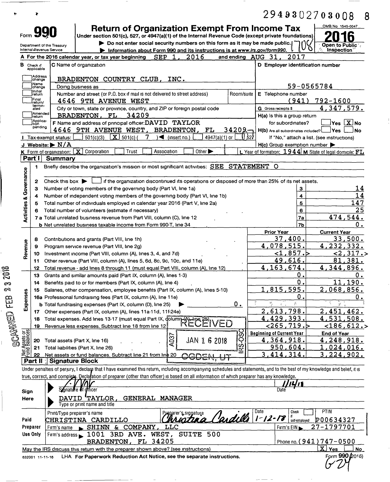 Image of first page of 2016 Form 990O for Bradenton Country Club