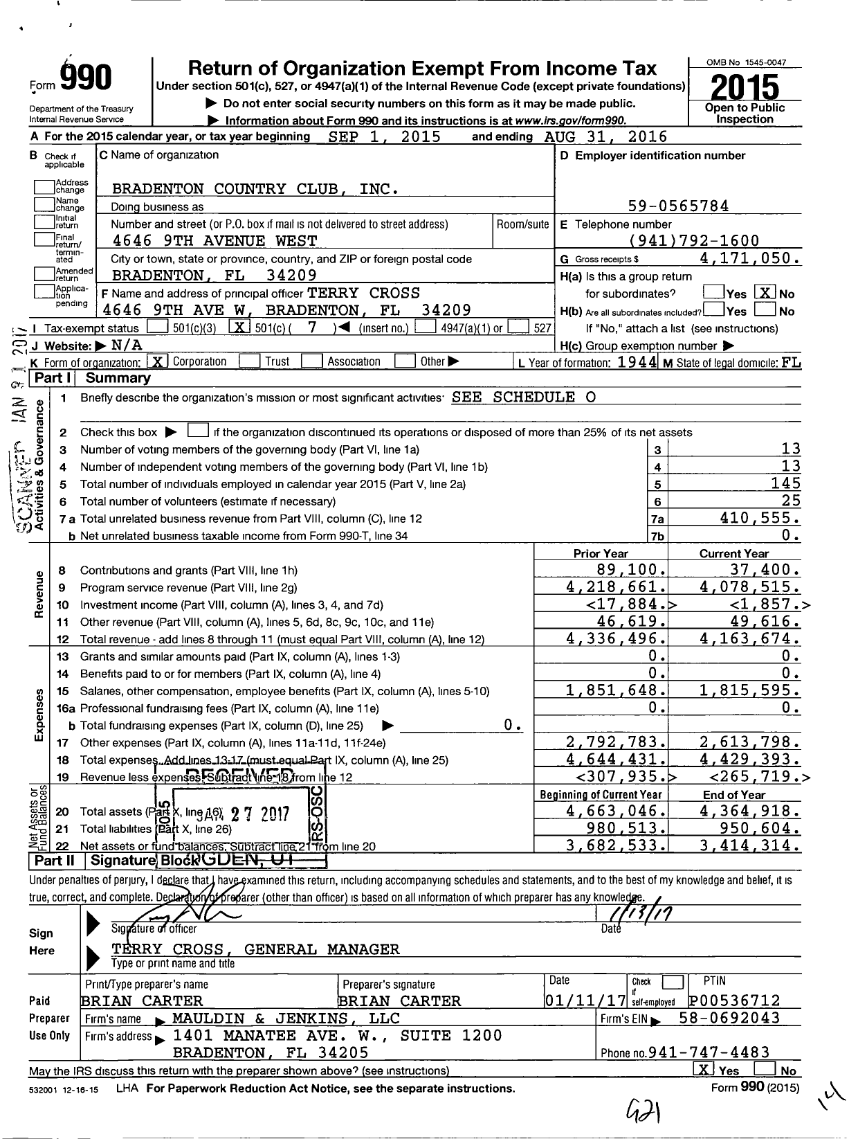 Image of first page of 2015 Form 990O for Bradenton Country Club
