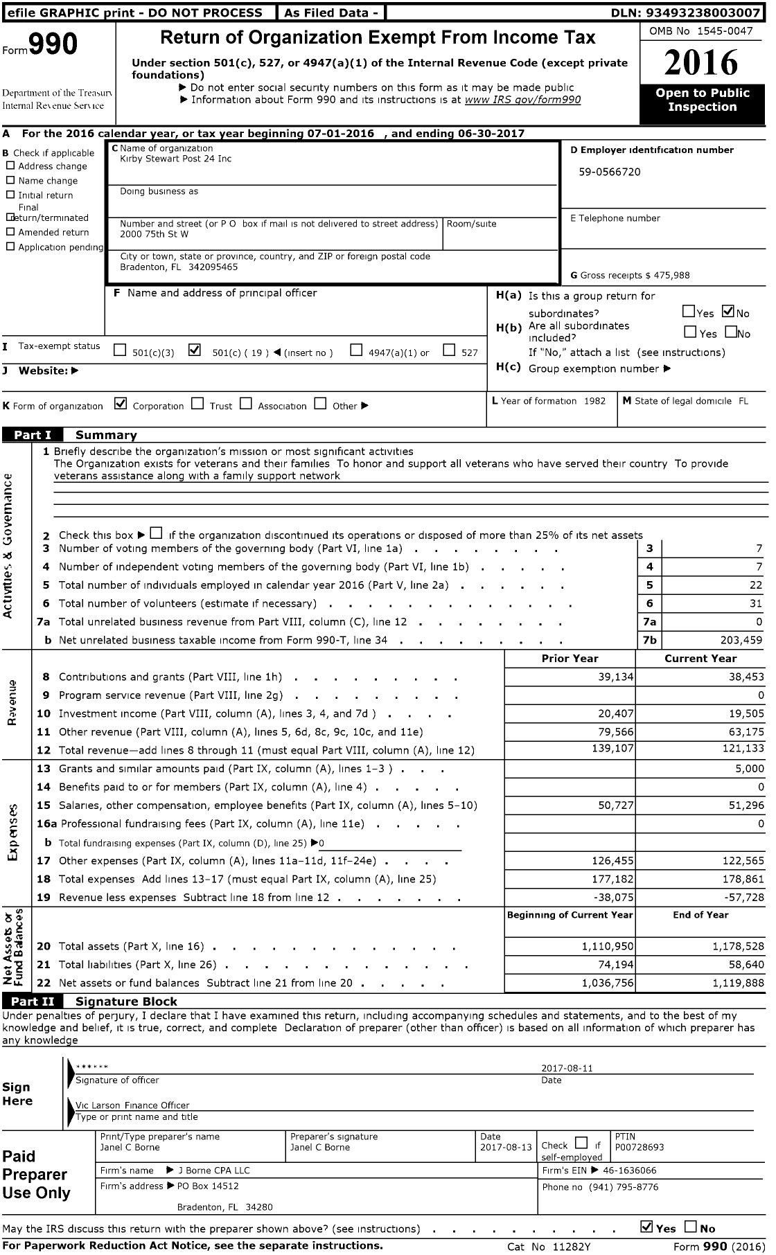 Image of first page of 2016 Form 990O for American Legion - Kirby Stewart Post No 24 Inc of the