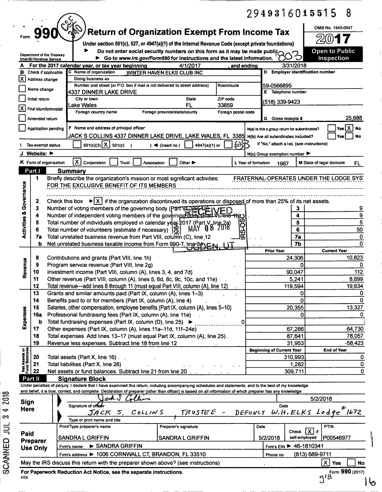 Image of first page of 2017 Form 990O for Benevolent and Protective Order of Elks - 1672 Winter Haven