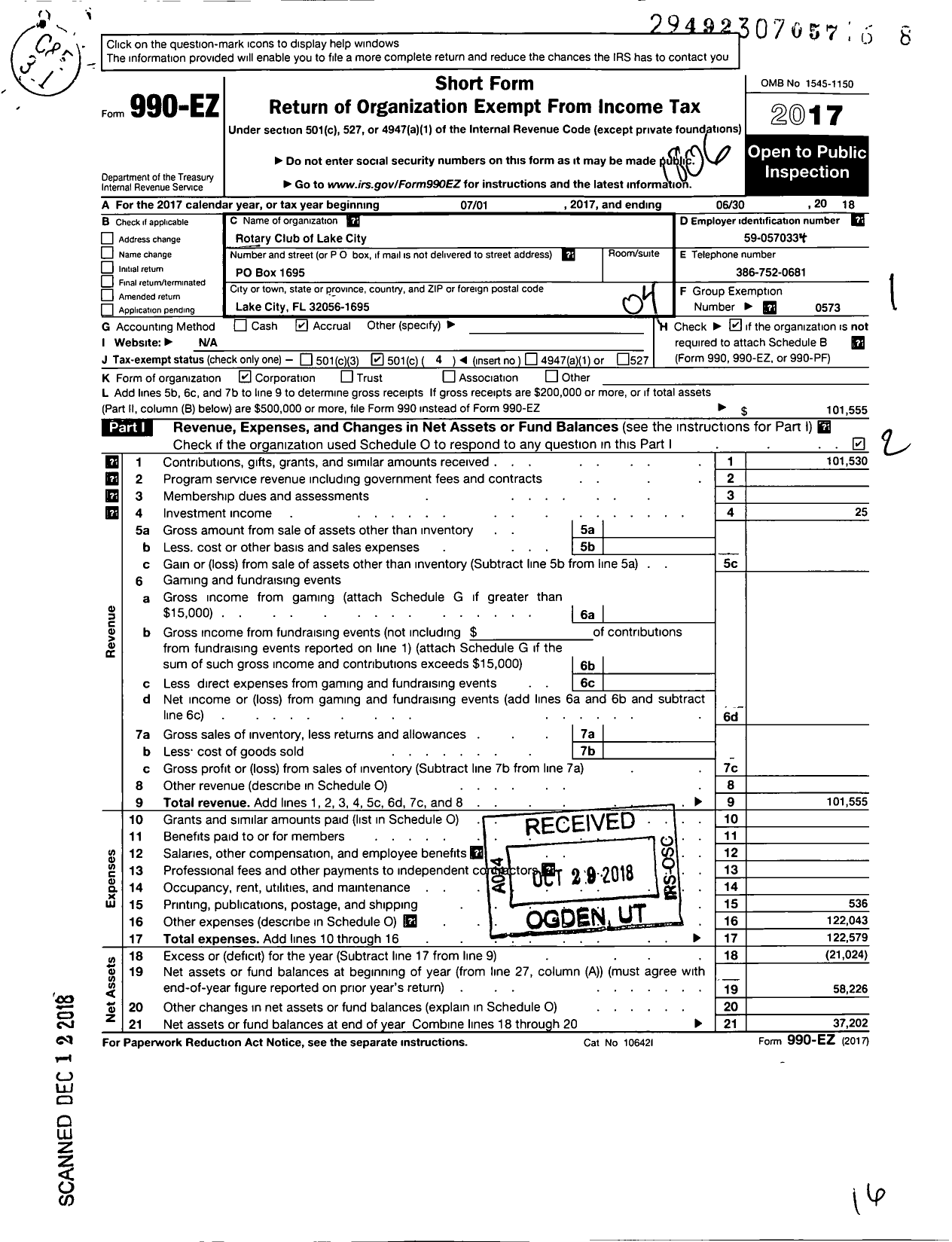 Image of first page of 2017 Form 990EO for Rotary International - Lake City