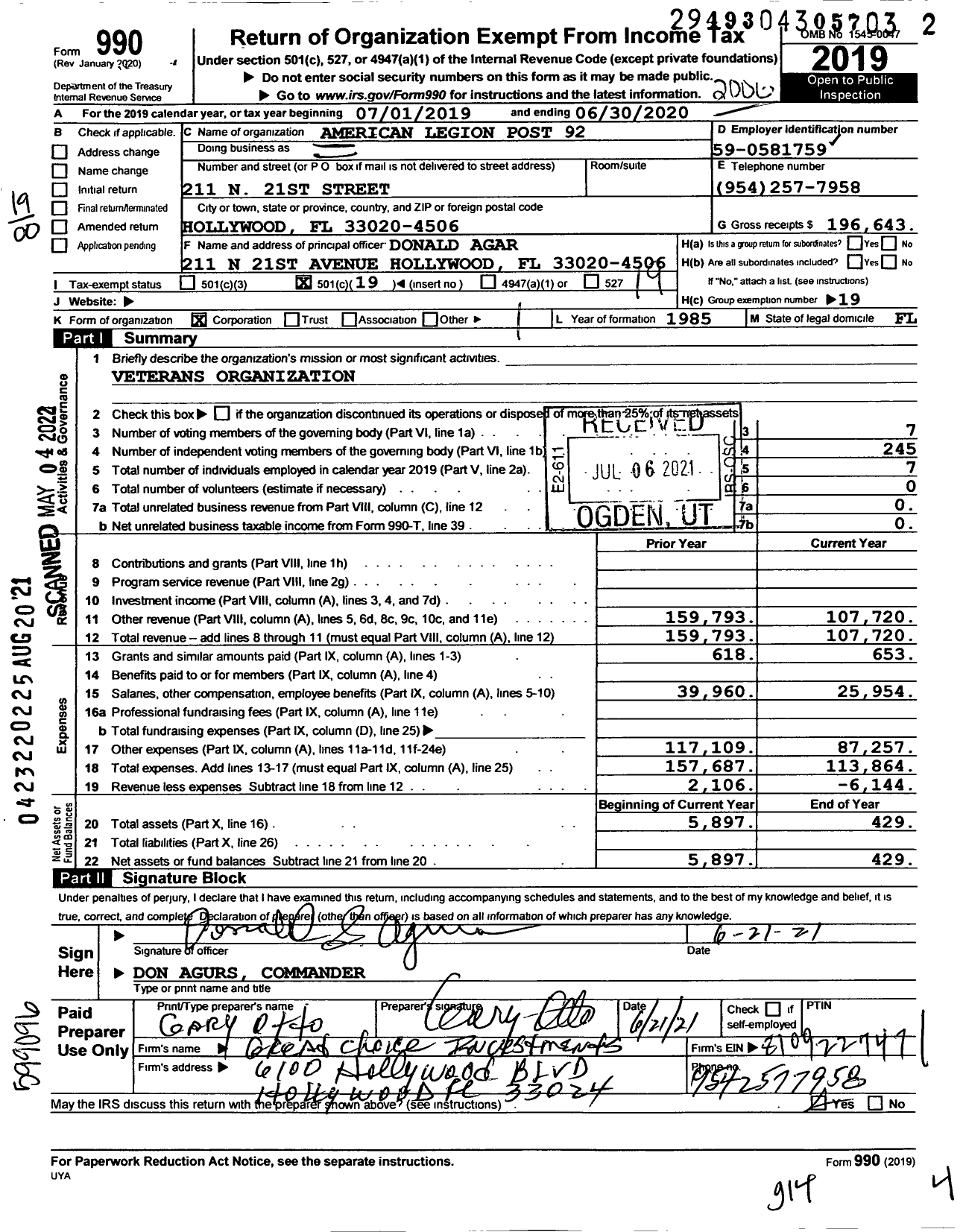 Image of first page of 2019 Form 990O for American Legion - 92 Hollywood Post
