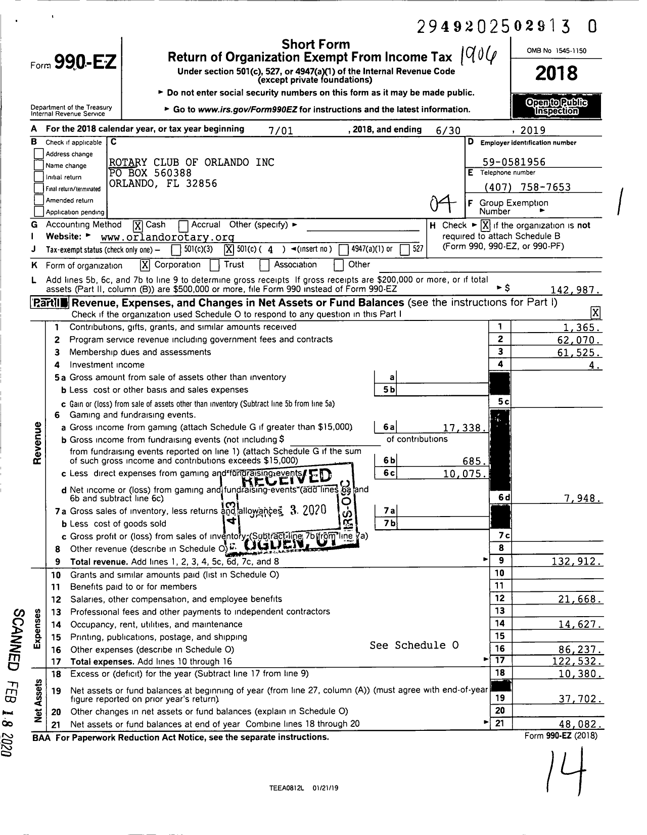 Image of first page of 2018 Form 990EO for Rotary International - Orlando