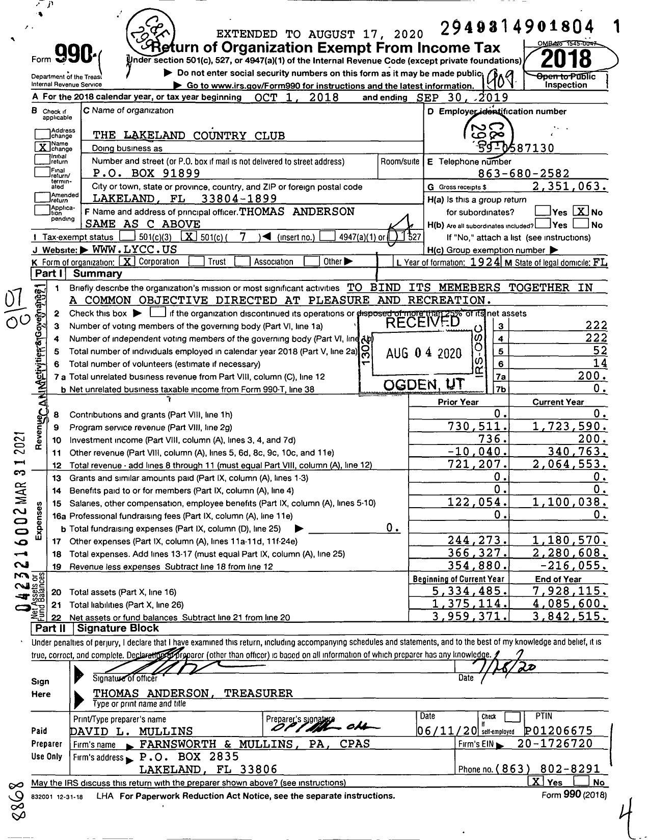 Image of first page of 2018 Form 990O for The Lakeland Country Club