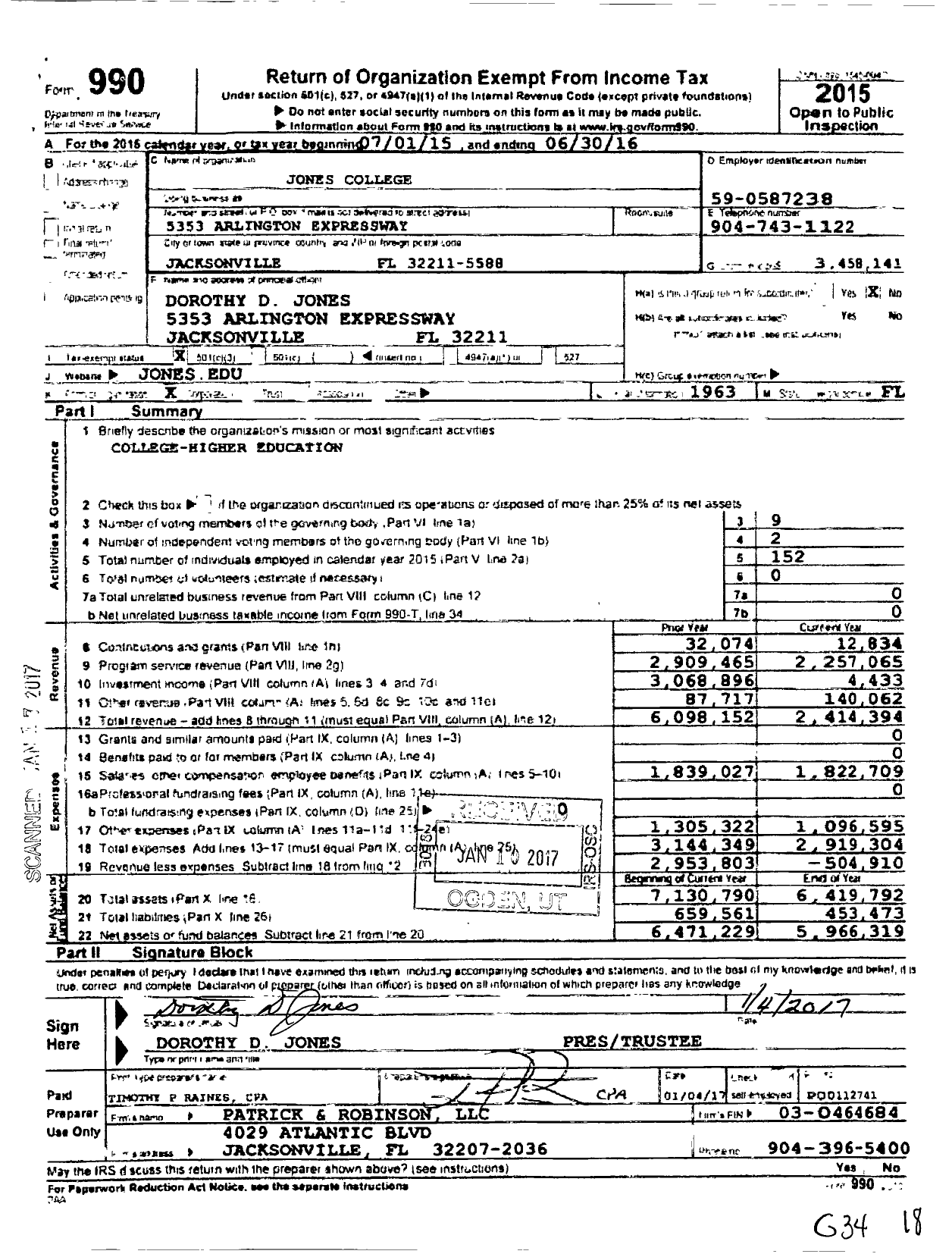 Image of first page of 2015 Form 990 for Jones College