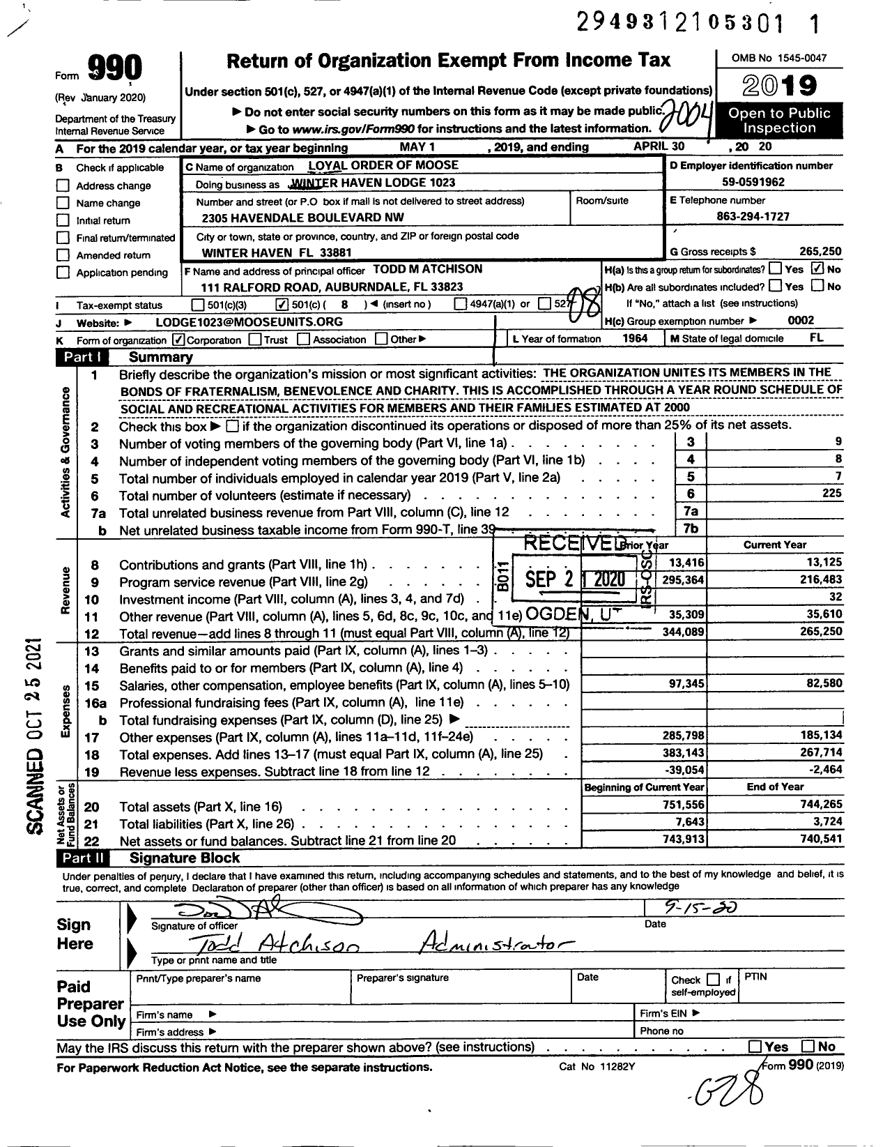 Image of first page of 2019 Form 990O for Loyal Order of Moose - 1023