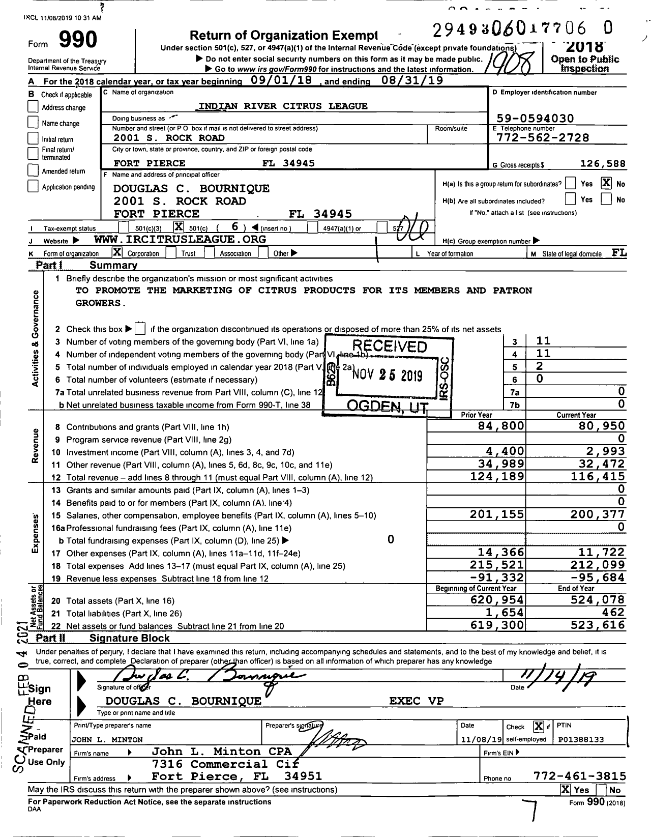 Image of first page of 2018 Form 990O for Indian River Citrus League