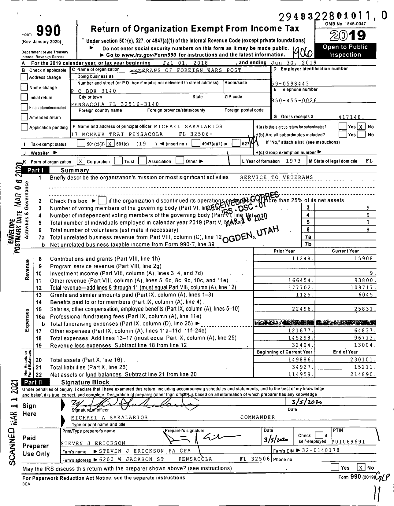 Image of first page of 2018 Form 990O for VFW Department of Florida - 706 Mardy D Lewis Post