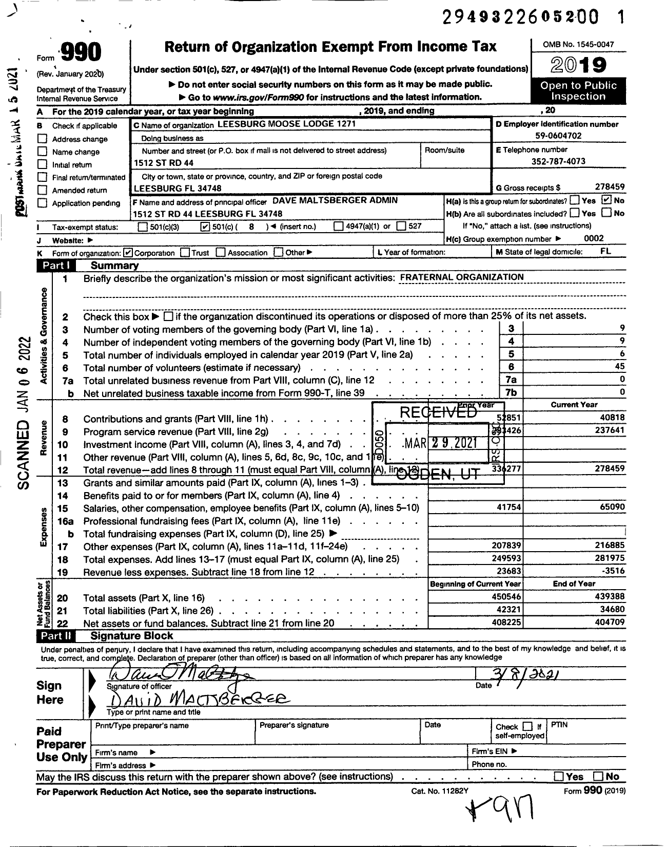 Image of first page of 2019 Form 990O for Loyal Order of Moose - 1271