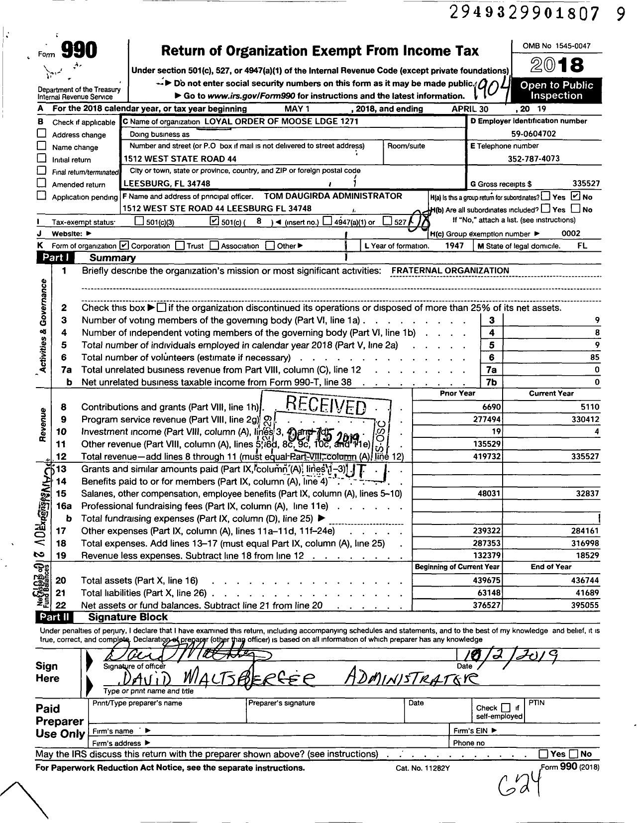 Image of first page of 2018 Form 990O for Loyal Order of Moose - 1271