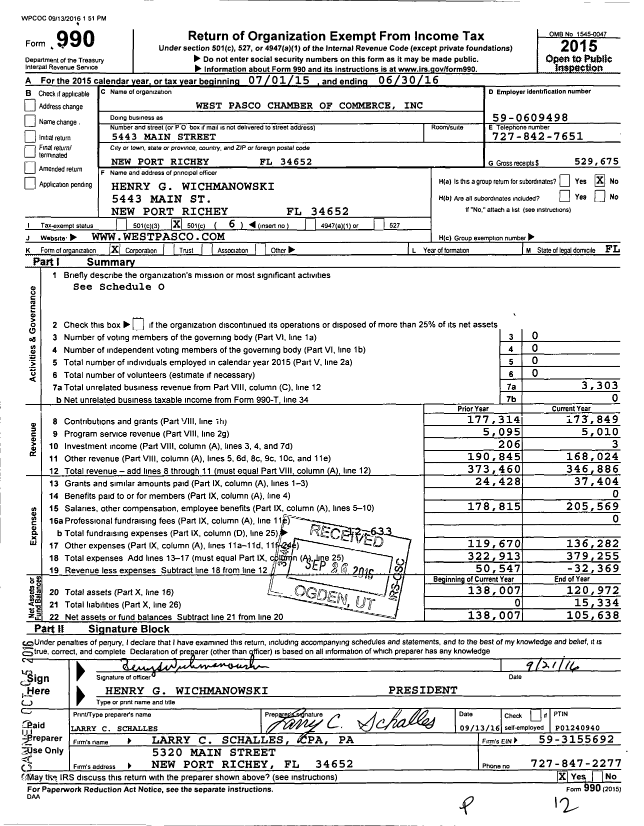 Image of first page of 2015 Form 990O for West Pasco Chamber of Commerce