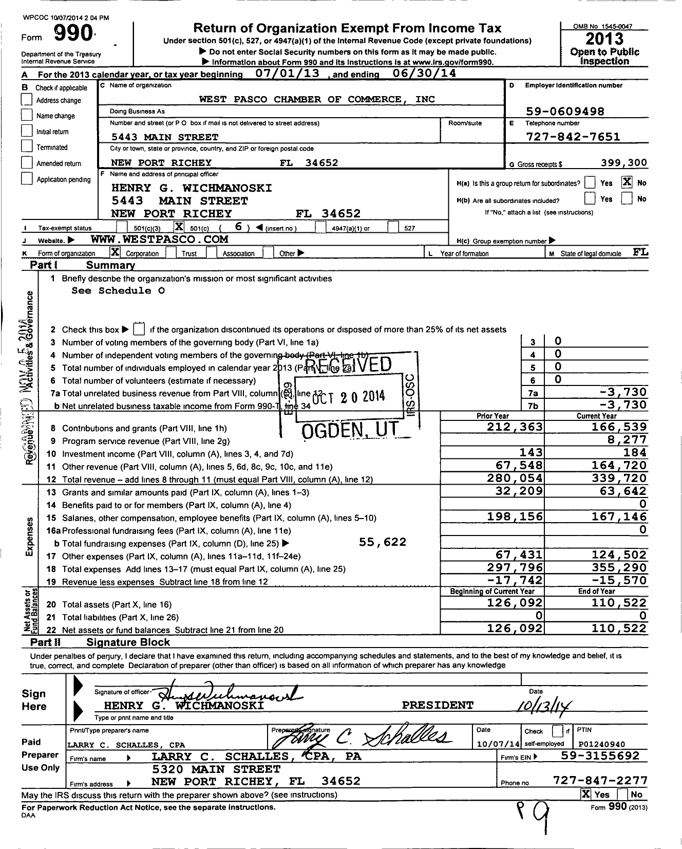 Image of first page of 2013 Form 990O for West Pasco Chamber of Commerce