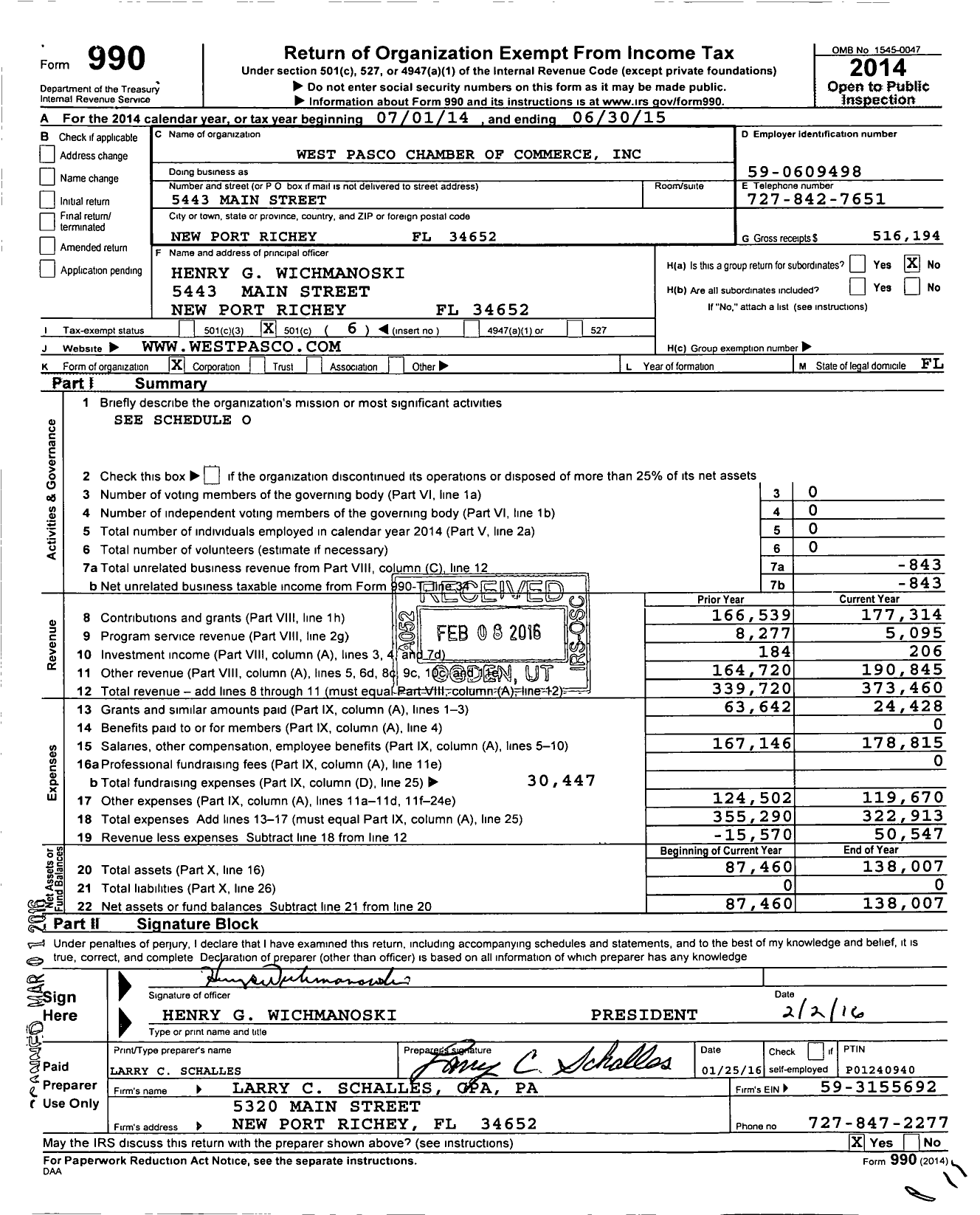 Image of first page of 2014 Form 990O for West Pasco Chamber of Commerce