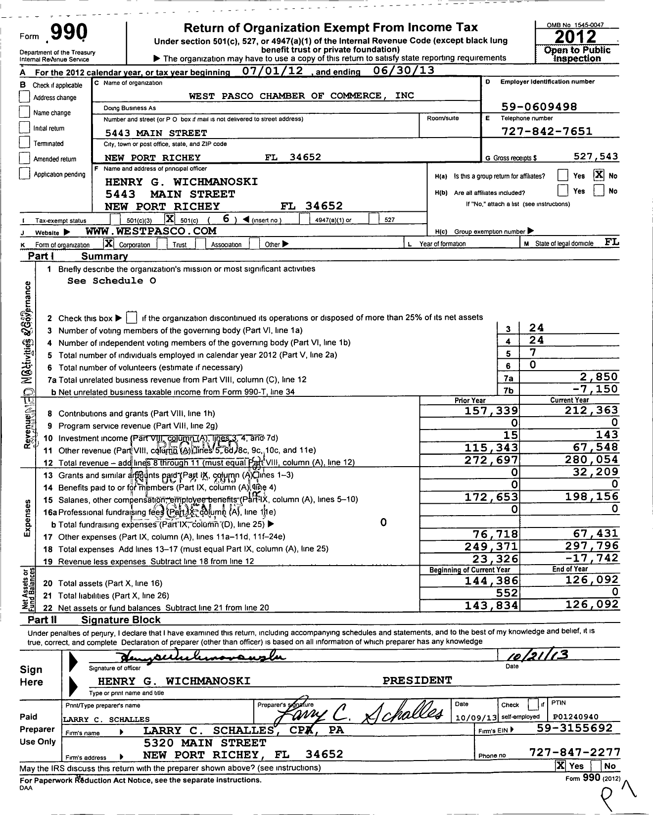 Image of first page of 2012 Form 990O for West Pasco Chamber of Commerce