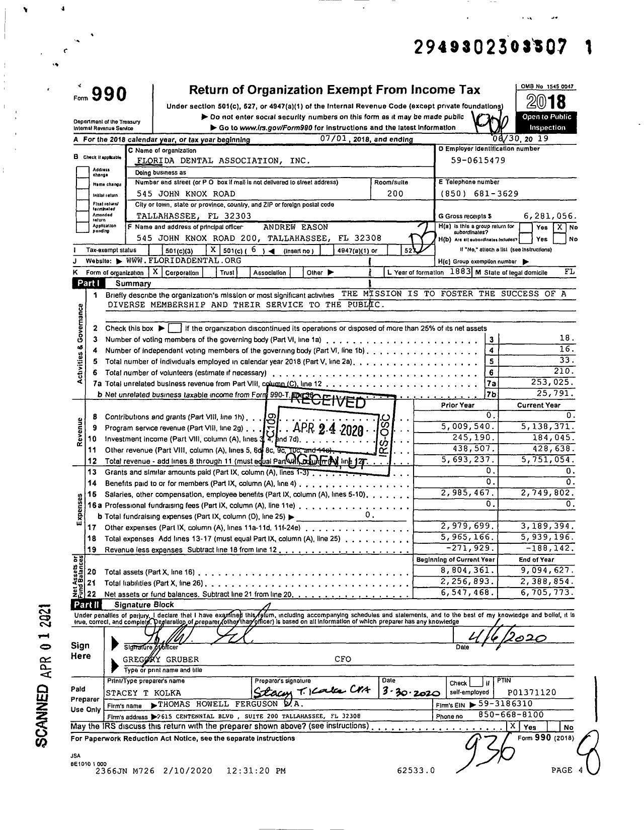 Image of first page of 2018 Form 990 for Florida Dental Association