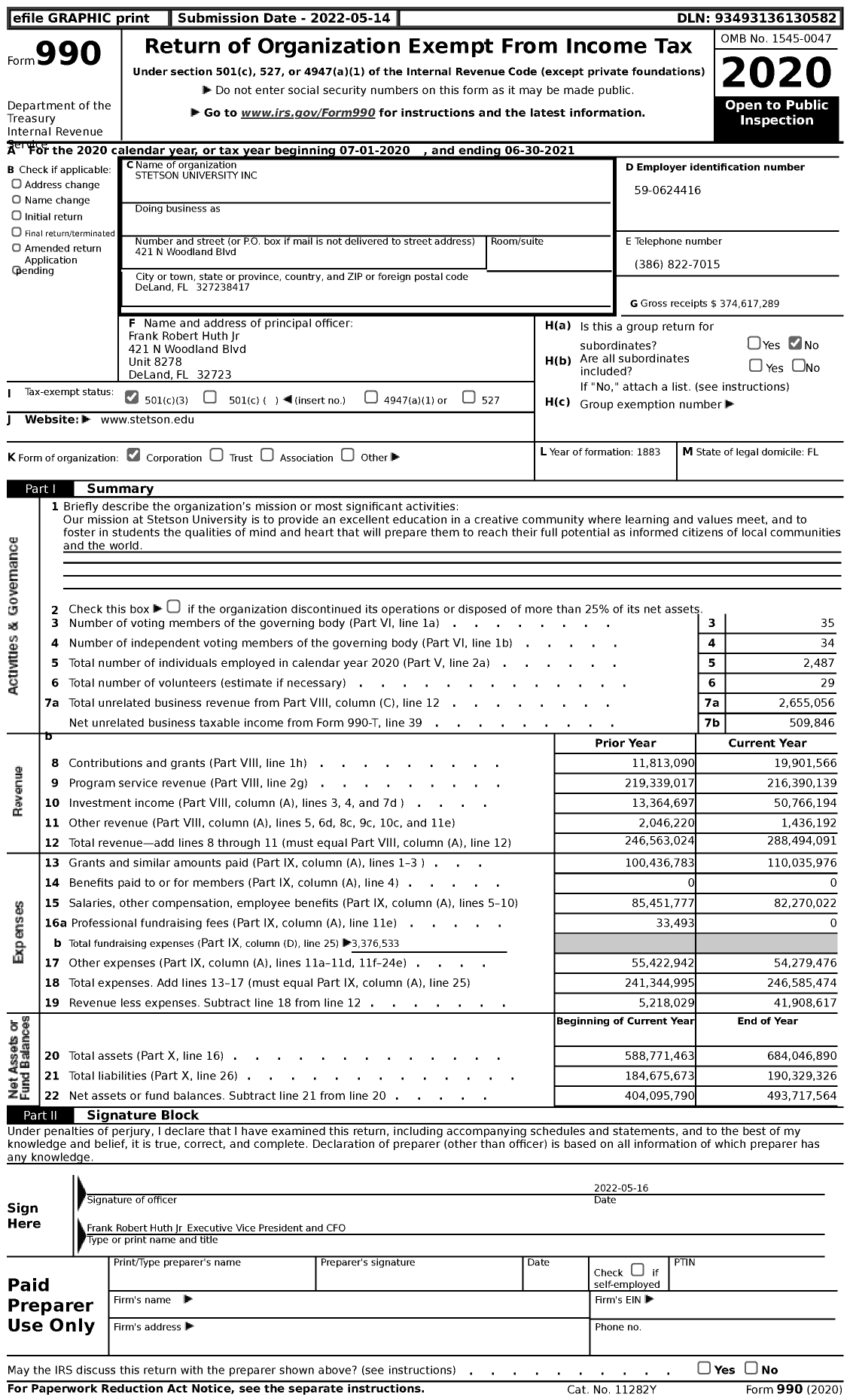 Image of first page of 2020 Form 990 for Stetson University