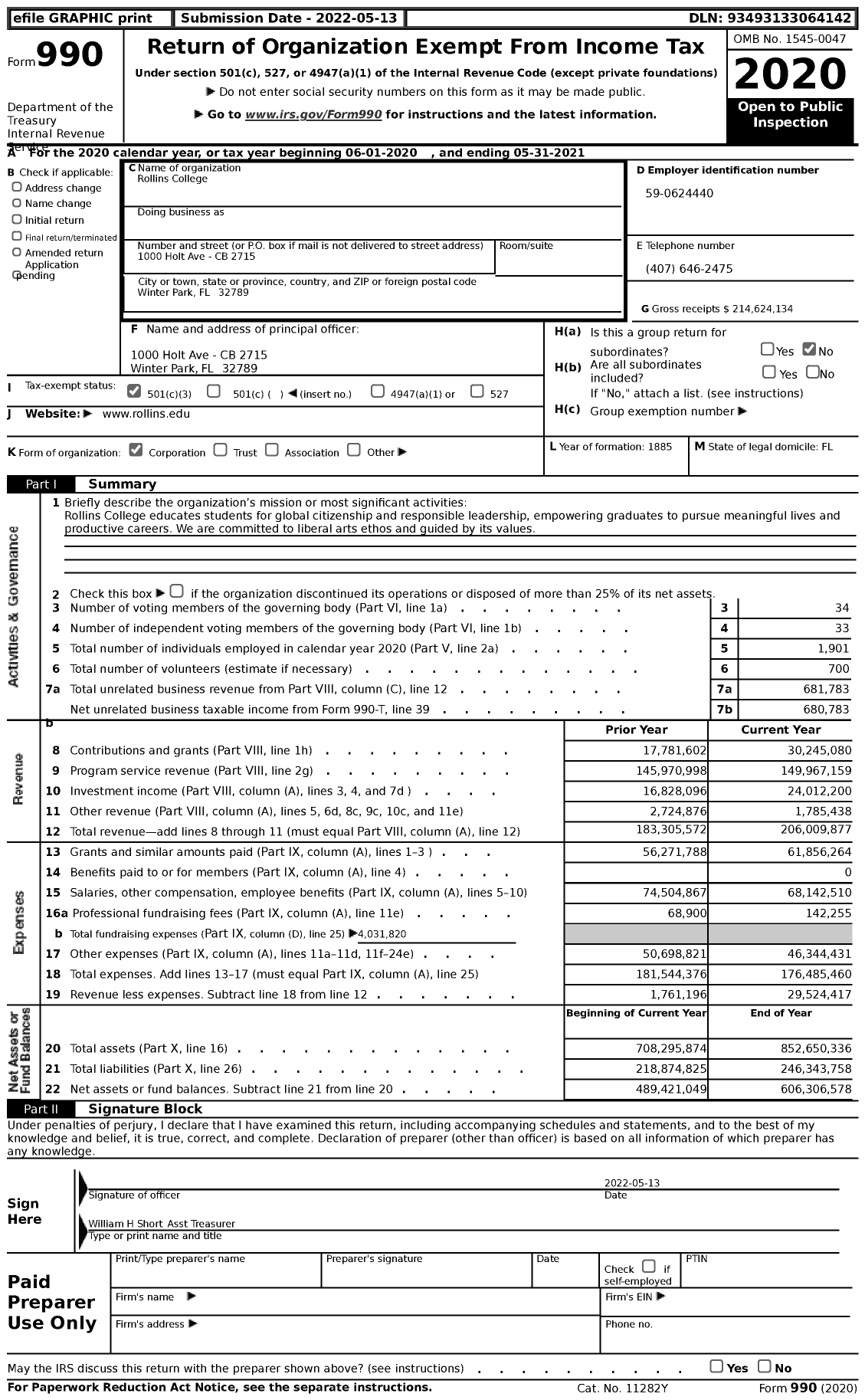 Image of first page of 2020 Form 990 for Rollins College