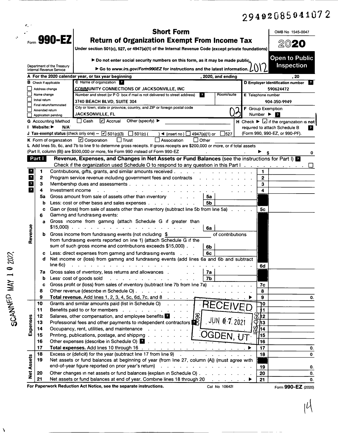 Image of first page of 2020 Form 990EZ for Community Connections of Jacksonville