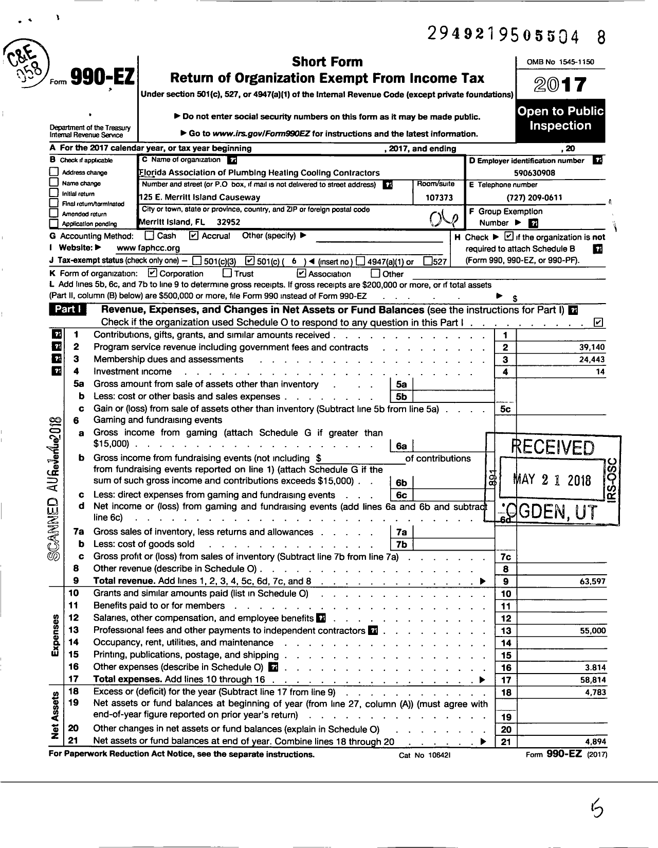 Image of first page of 2017 Form 990EO for Florida Association of Plumbing- Heating-Cooling Contractors