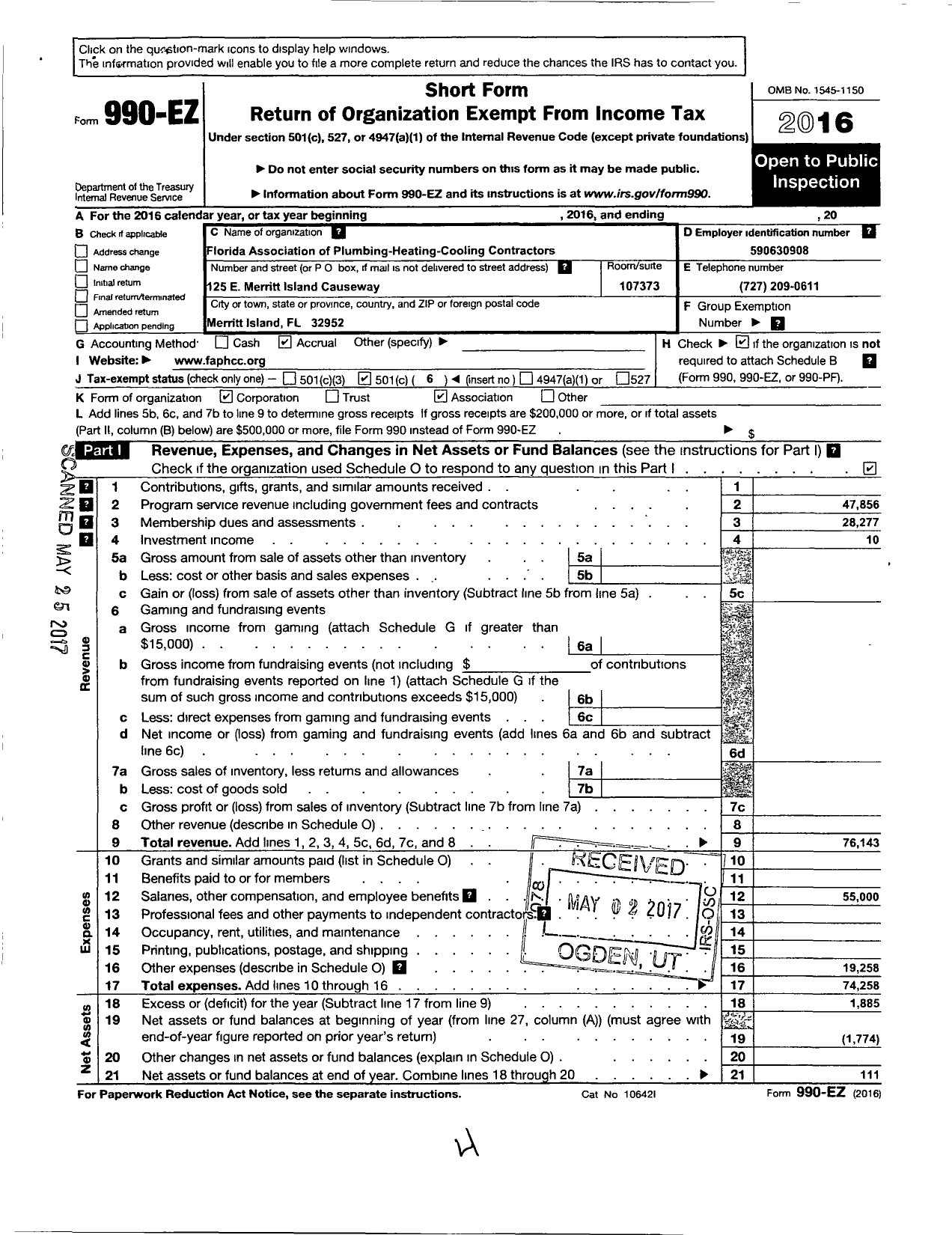 Image of first page of 2016 Form 990EO for Florida Association of Plumbing- Heating-Cooling Contractors