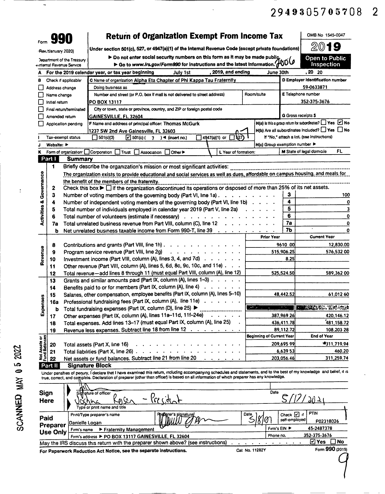 Image of first page of 2019 Form 990O for Alpha Eta of Phi Kappa Tau House Corporation