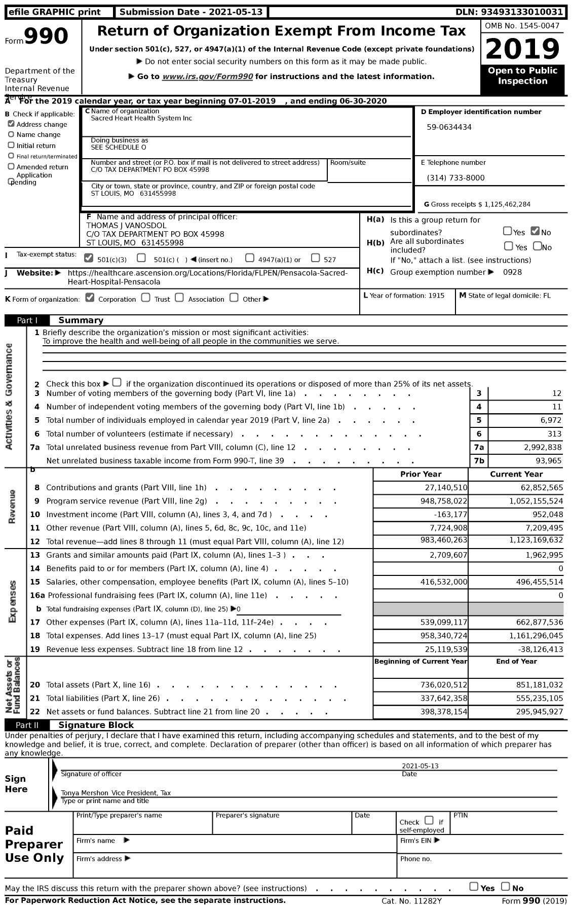 Image of first page of 2019 Form 990 for Sacred Heart Health System