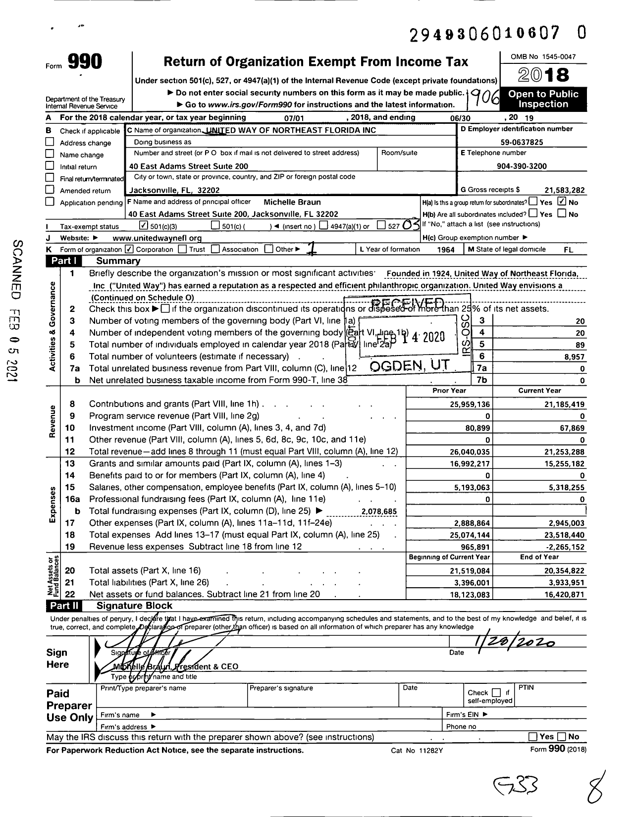 Image of first page of 2018 Form 990 for United Way of Northeast Florida