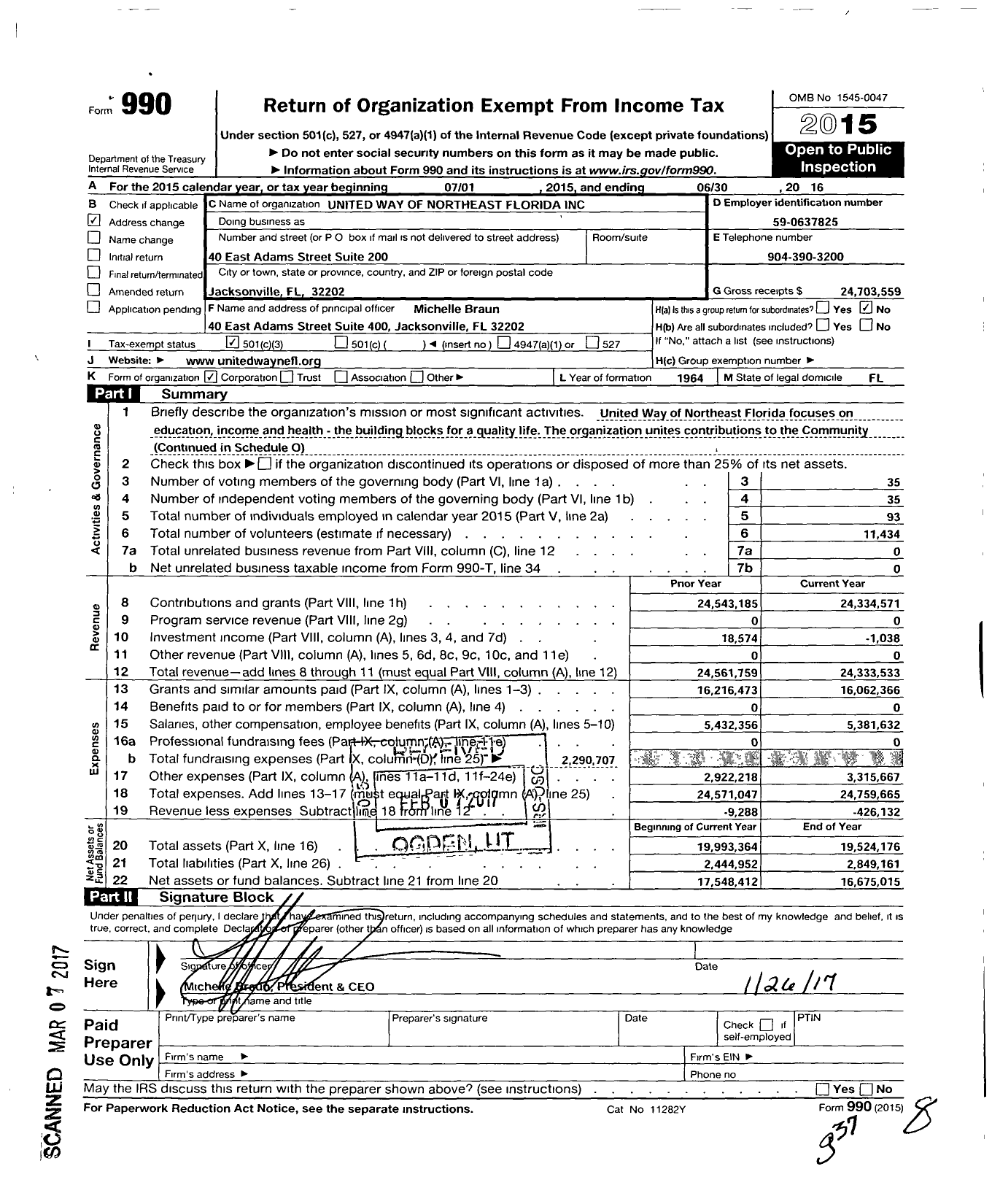 Image of first page of 2015 Form 990 for United Way of Northeast Florida