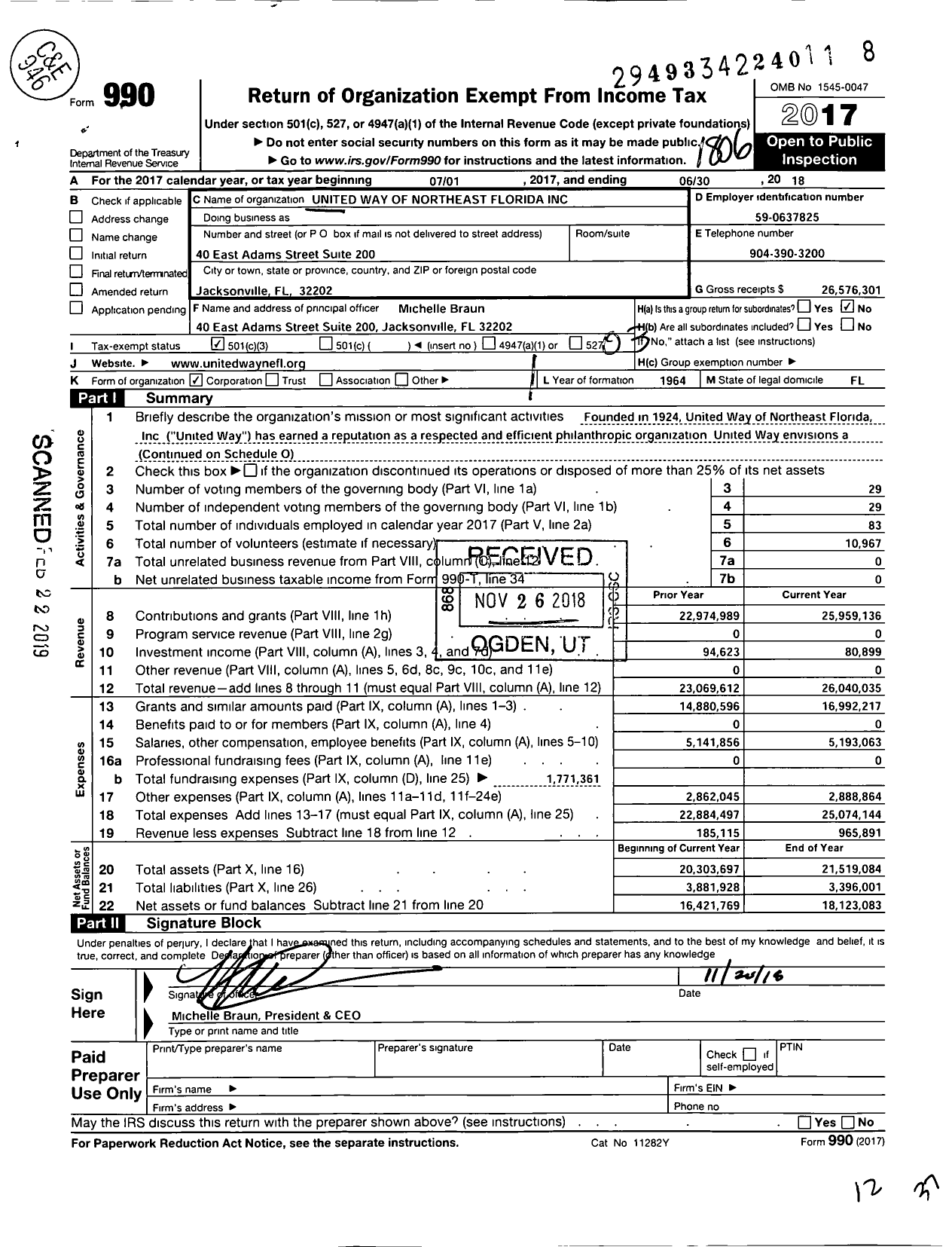 Image of first page of 2017 Form 990 for United Way of Northeast Florida