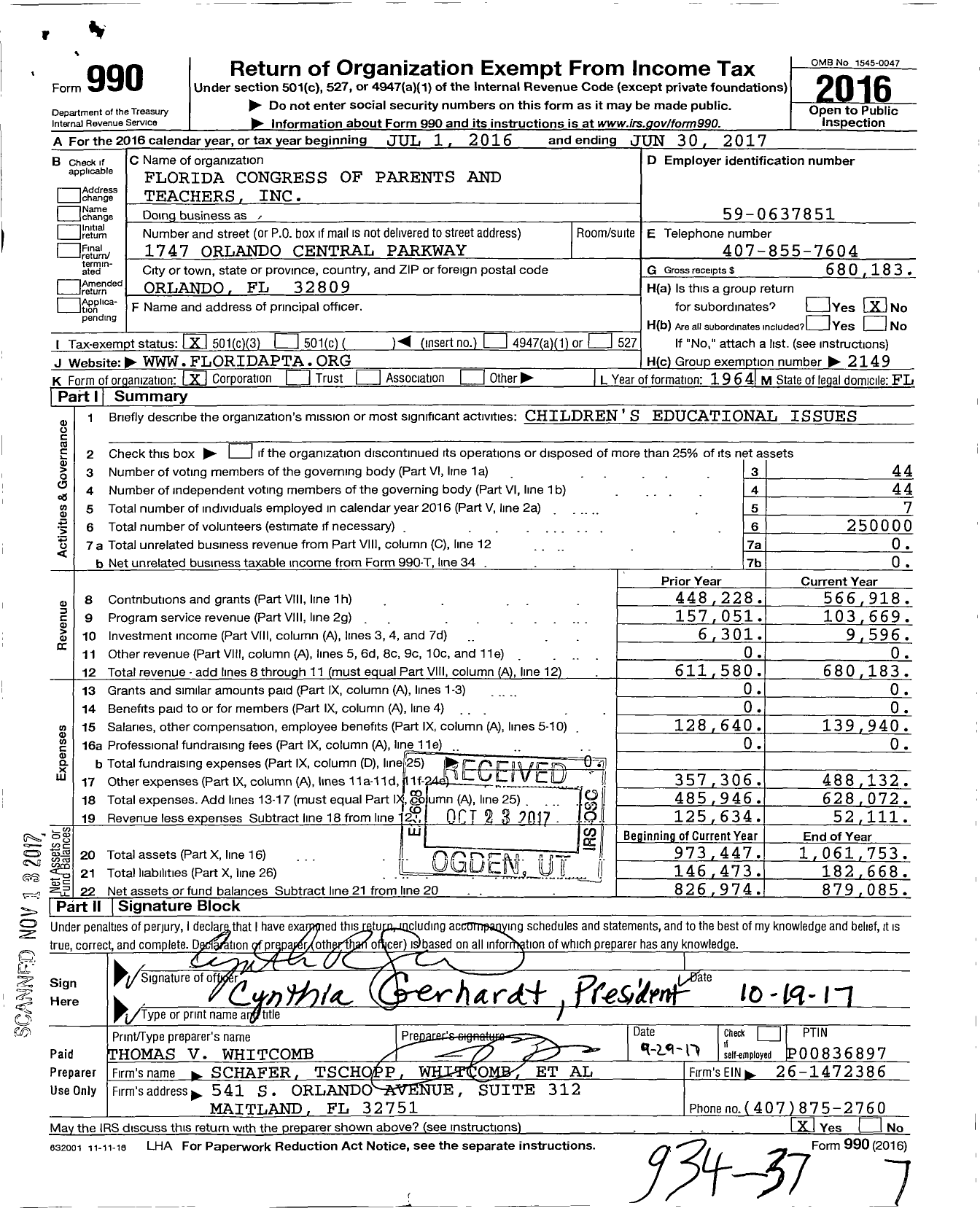 Image of first page of 2016 Form 990 for Florida Congress of Parents and Teachers