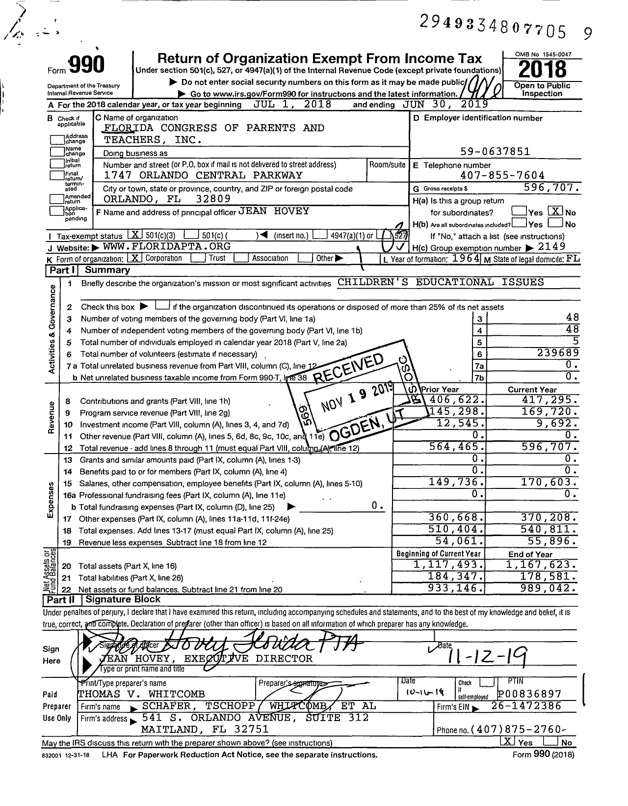 Image of first page of 2018 Form 990 for Florida Congress of Parents and Teachers