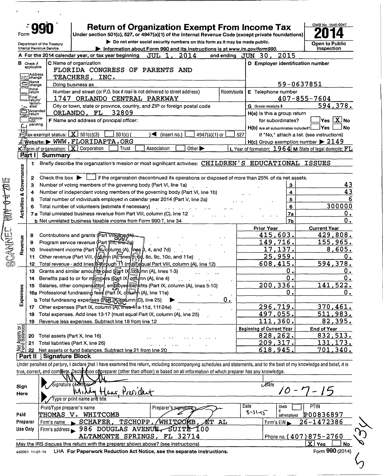 Image of first page of 2014 Form 990 for Florida Congress of Parents and Teachers