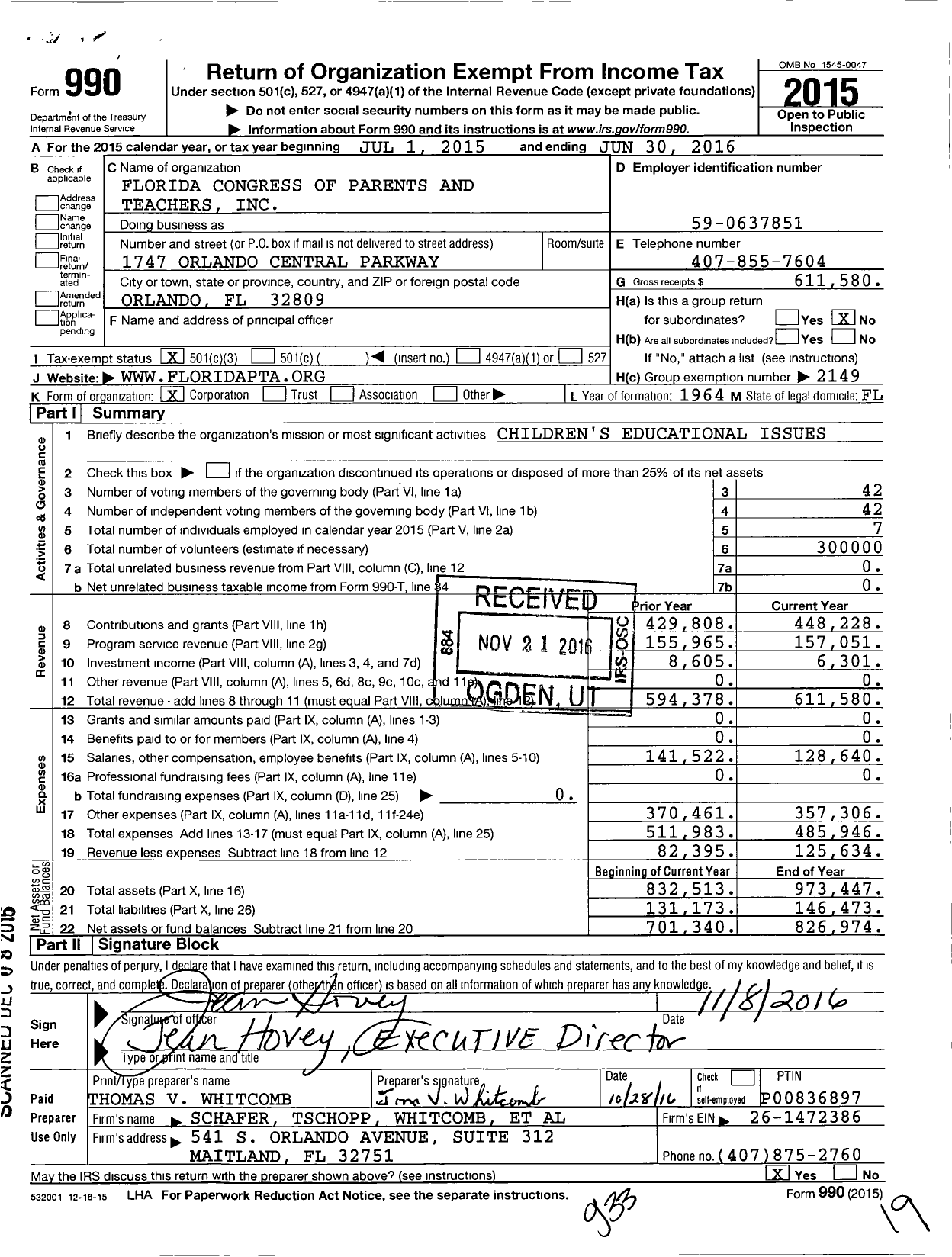 Image of first page of 2015 Form 990 for Florida Congress of Parents and Teachers
