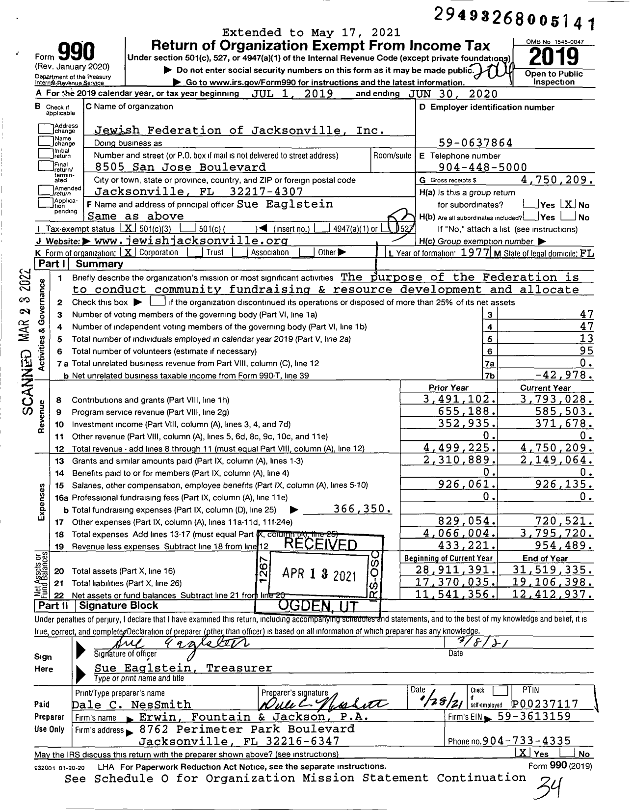 Image of first page of 2019 Form 990 for Jewish Federation of Jacksonville