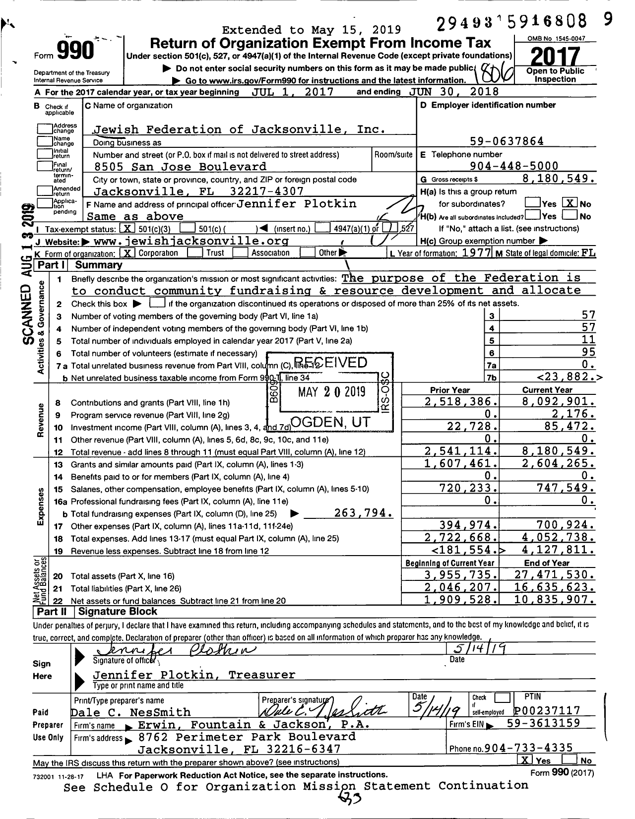 Image of first page of 2017 Form 990 for Jewish Federation of Jacksonville