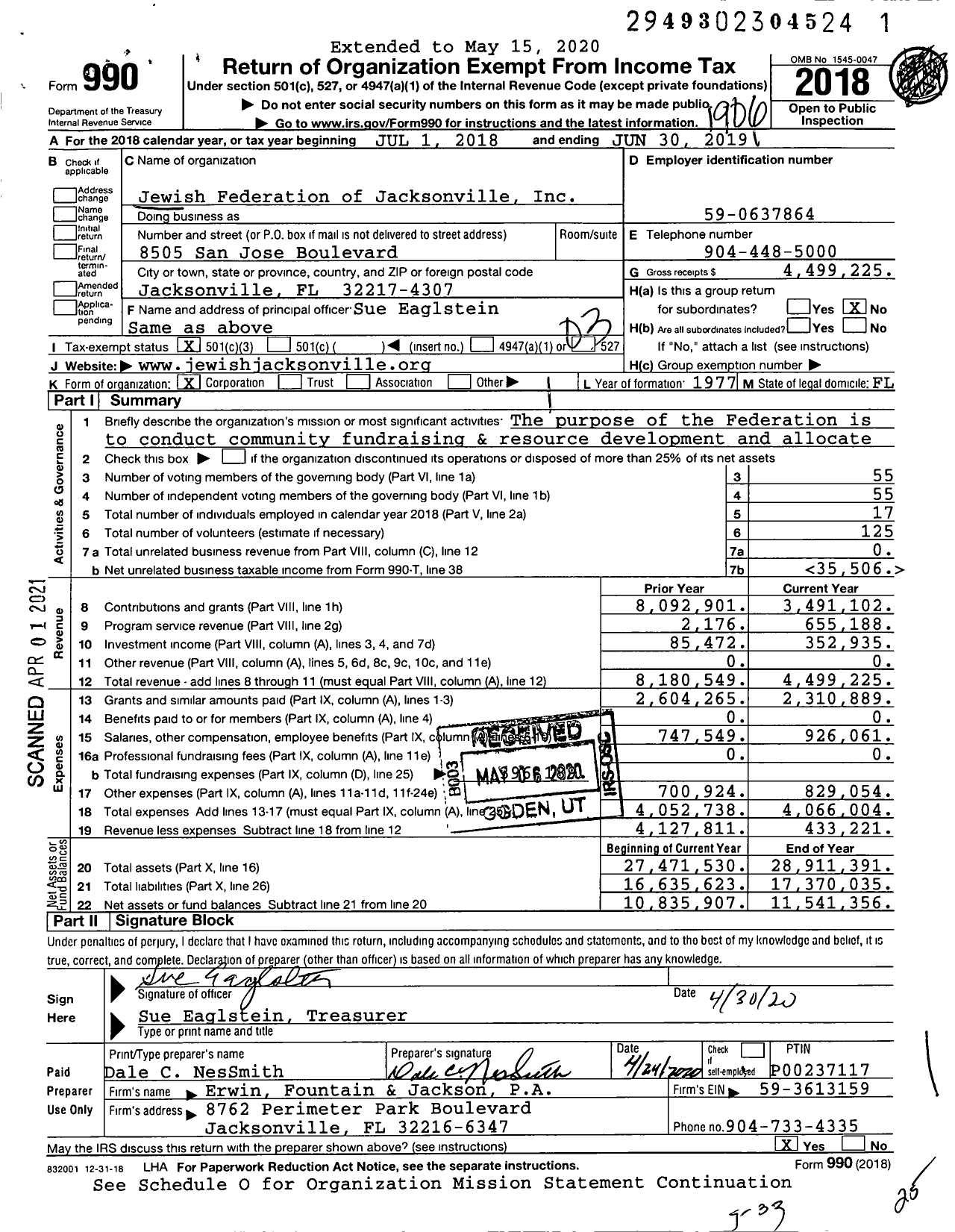 Image of first page of 2018 Form 990 for Jewish Federation of Jacksonville