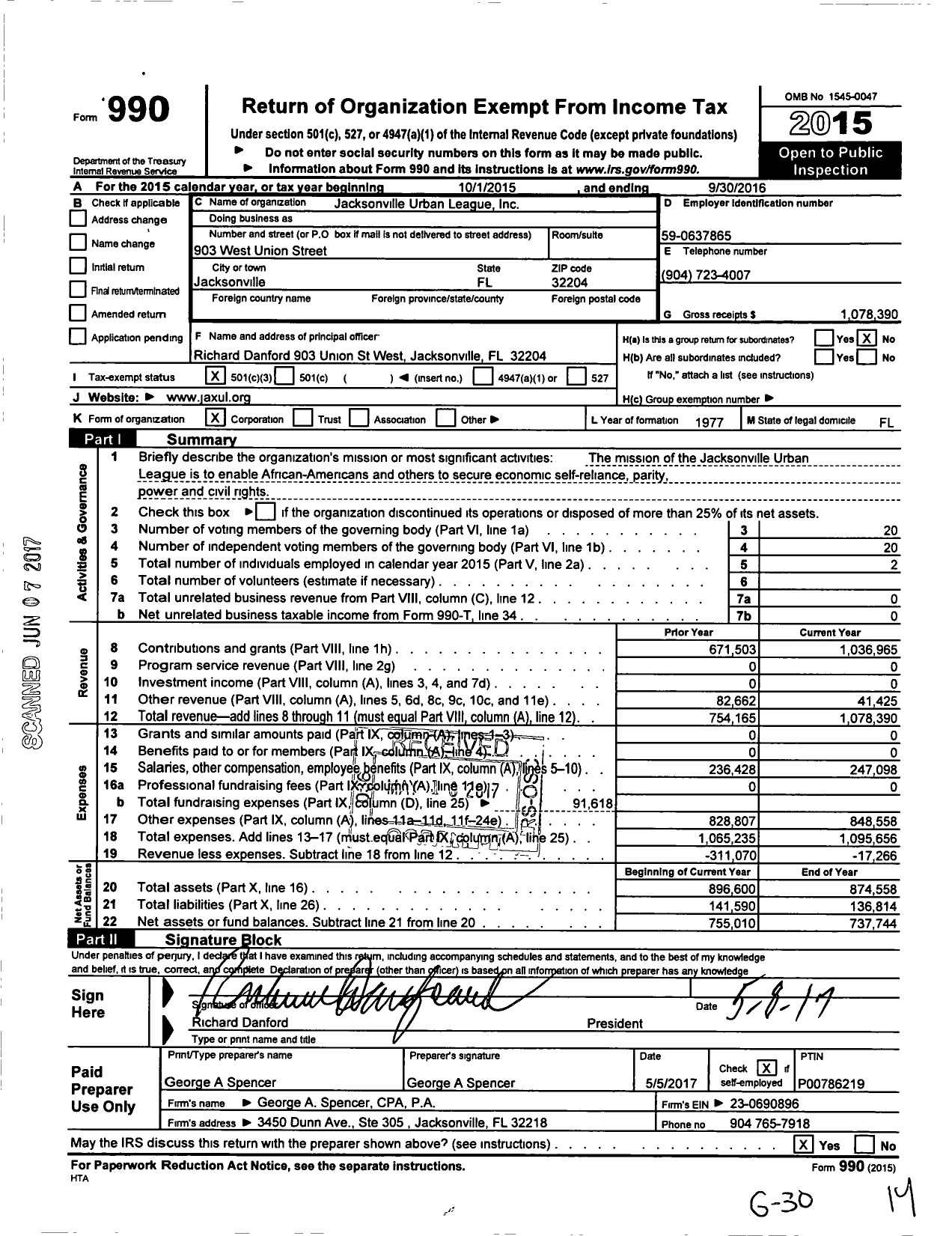 Image of first page of 2015 Form 990 for Jacksonville Urban League