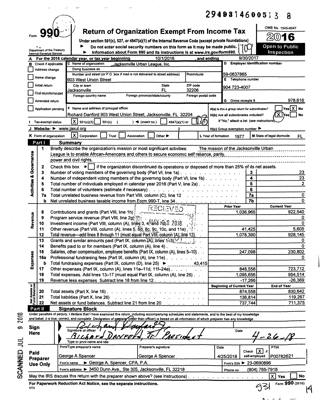 Image of first page of 2016 Form 990 for Jacksonville Urban League