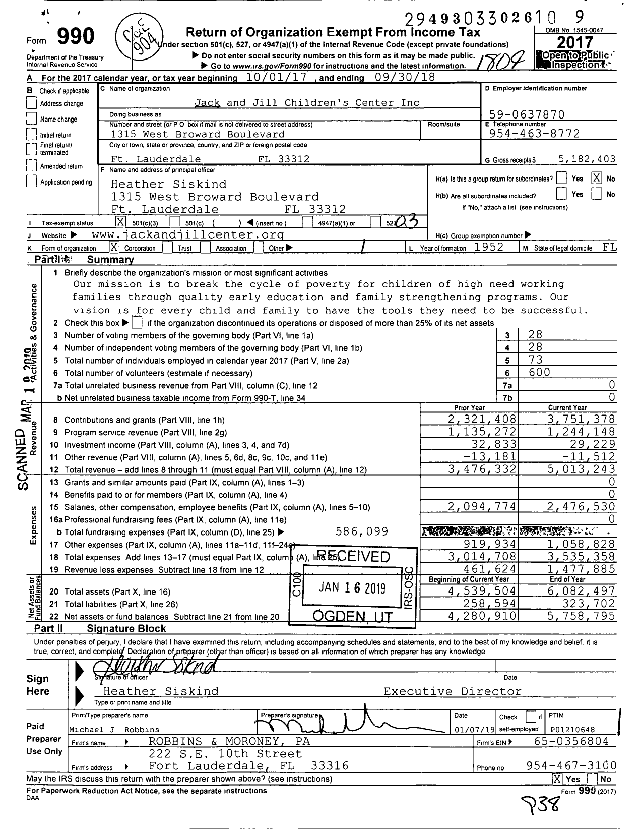 Image of first page of 2017 Form 990 for Jack and Jill Children's Center