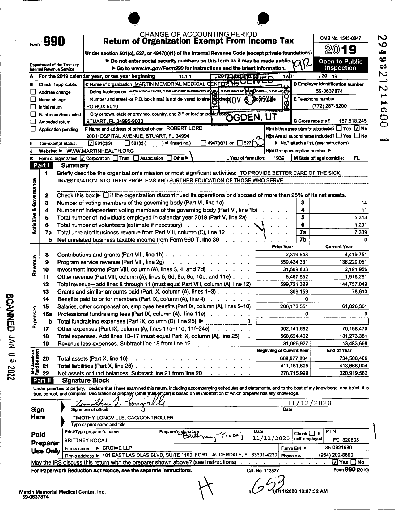 Image of first page of 2019 Form 990 for Martin Memorial Medical Center