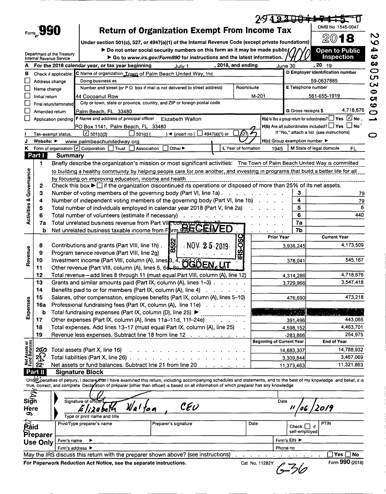 Image of first page of 2018 Form 990 for Town of Palm Beach United Way