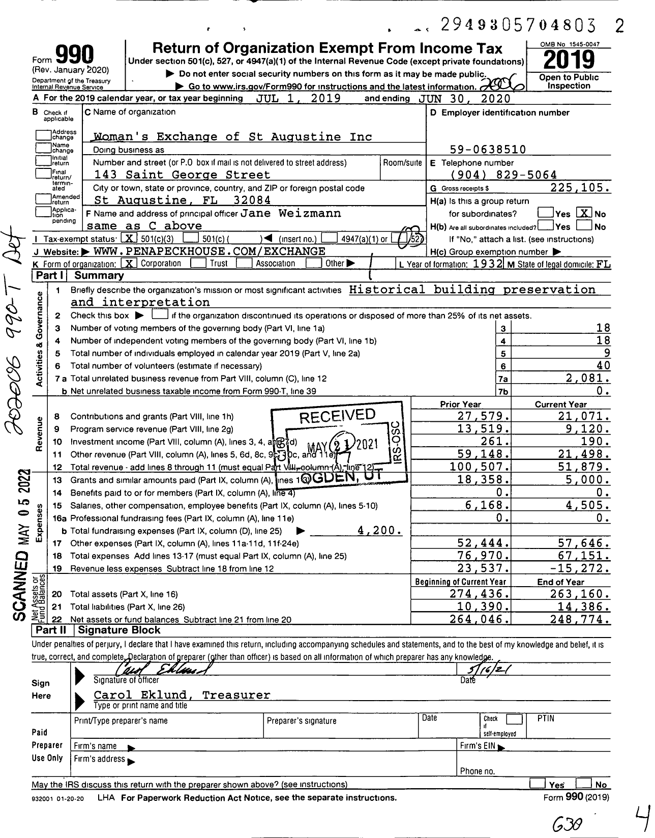 Image of first page of 2019 Form 990 for Woman's Exchange of St Augustine