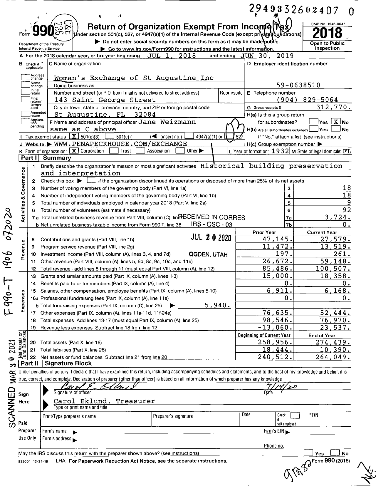 Image of first page of 2018 Form 990 for Woman's Exchange of St Augustine