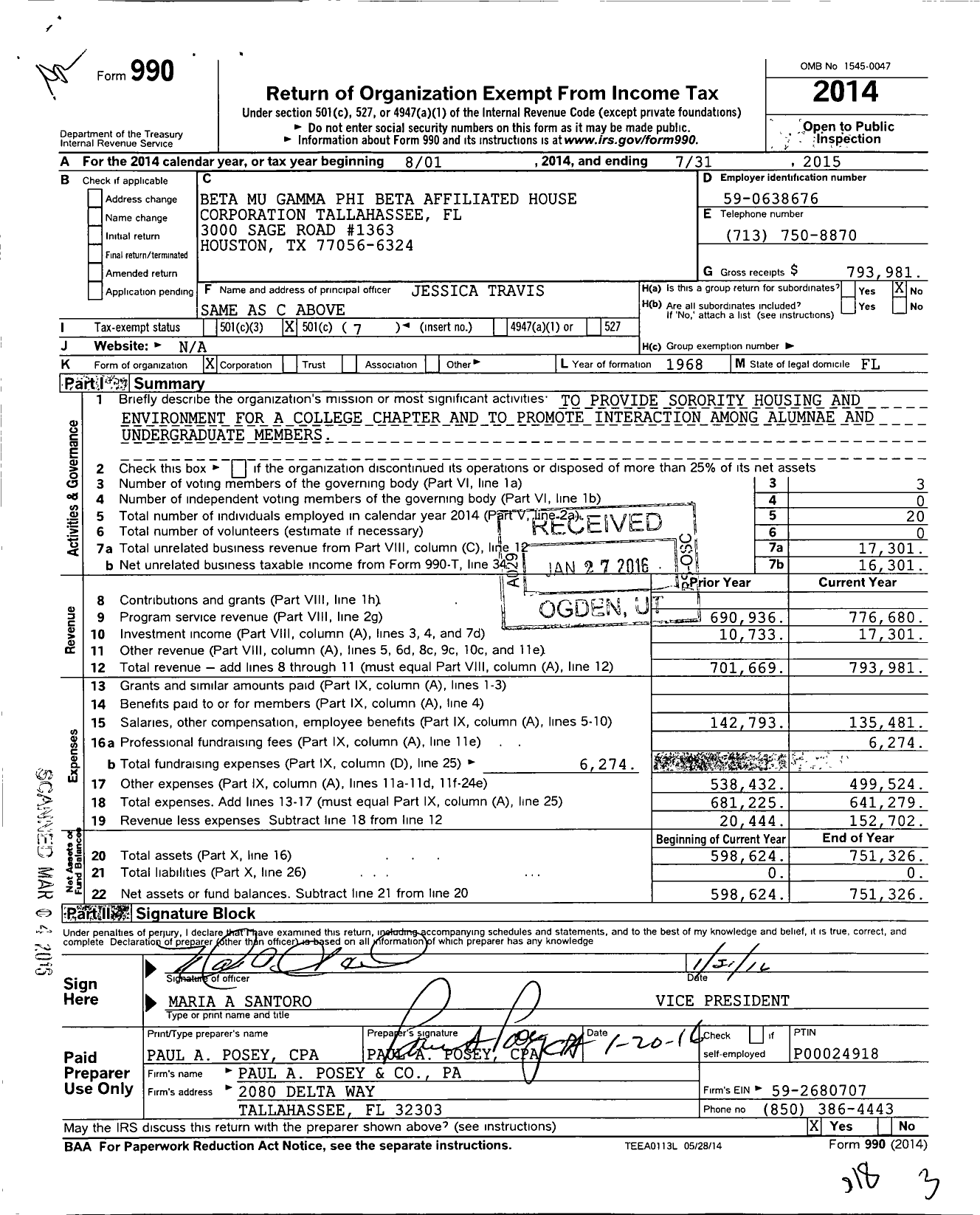 Image of first page of 2014 Form 990O for Beta Mu Gamma Phi Beta Affiliated House Corporation Tallahassee FL